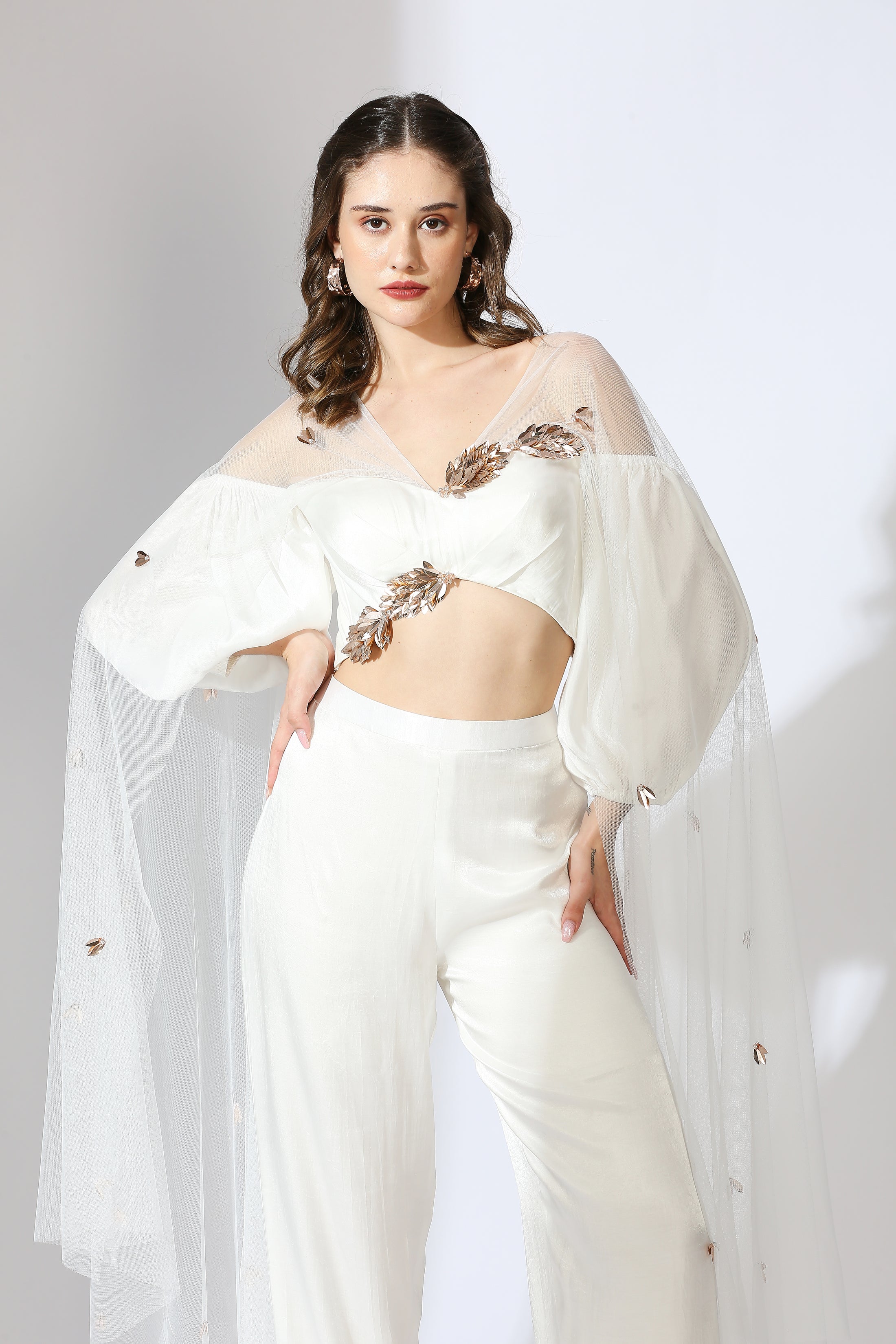 White Embroidered Off Shoulder Pant Set With Drape