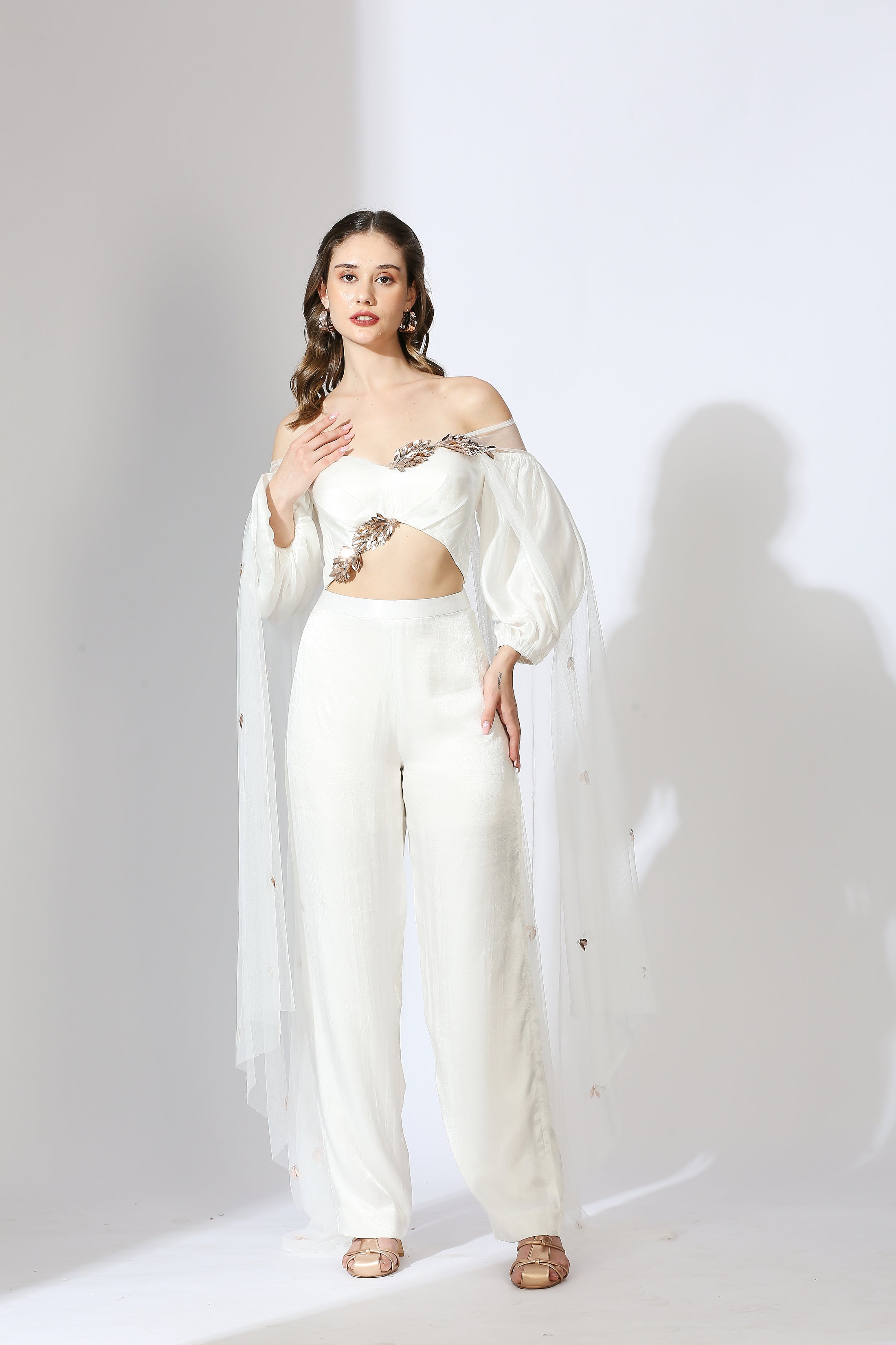 White Embroidered Off Shoulder Pant Set With Drape