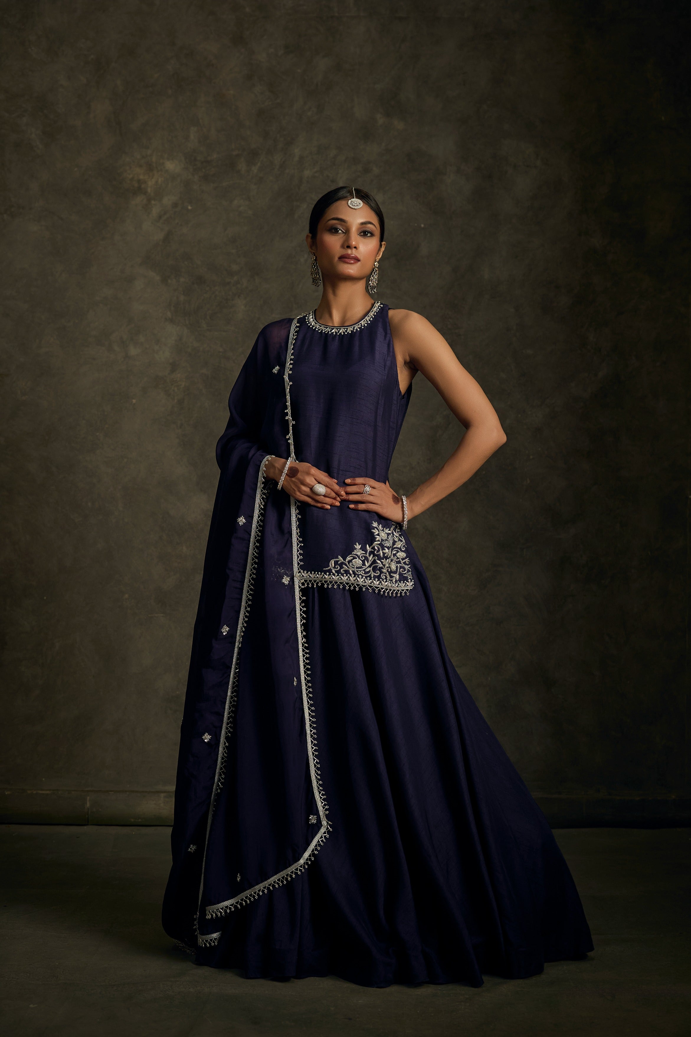 Saaj -Midnight Indigo Hand Embroidered Kurta Lehenga Dupatta Set