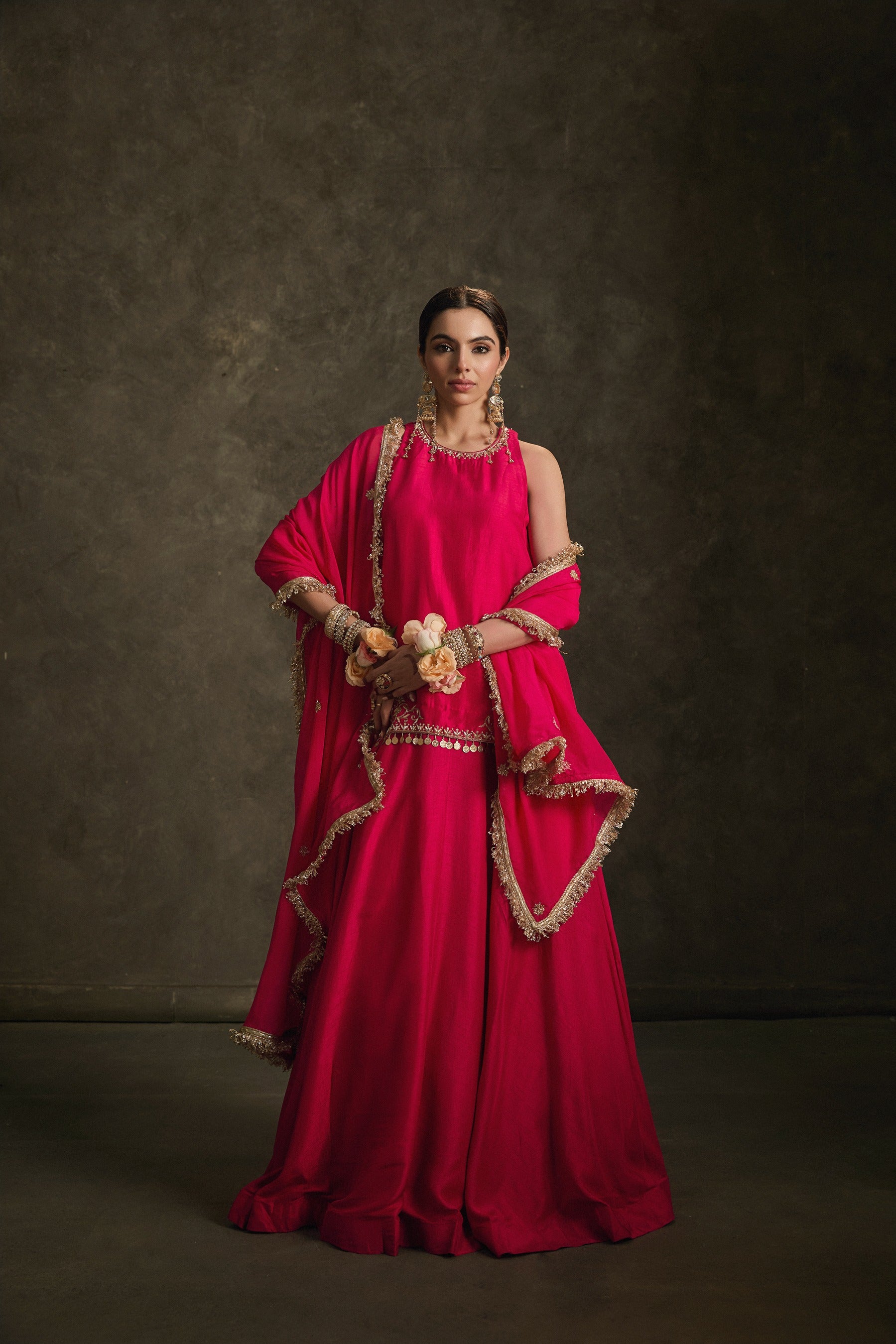 Rounika -Hot Pink Hand Embroidered Kurta Lehenga Dupatta Set