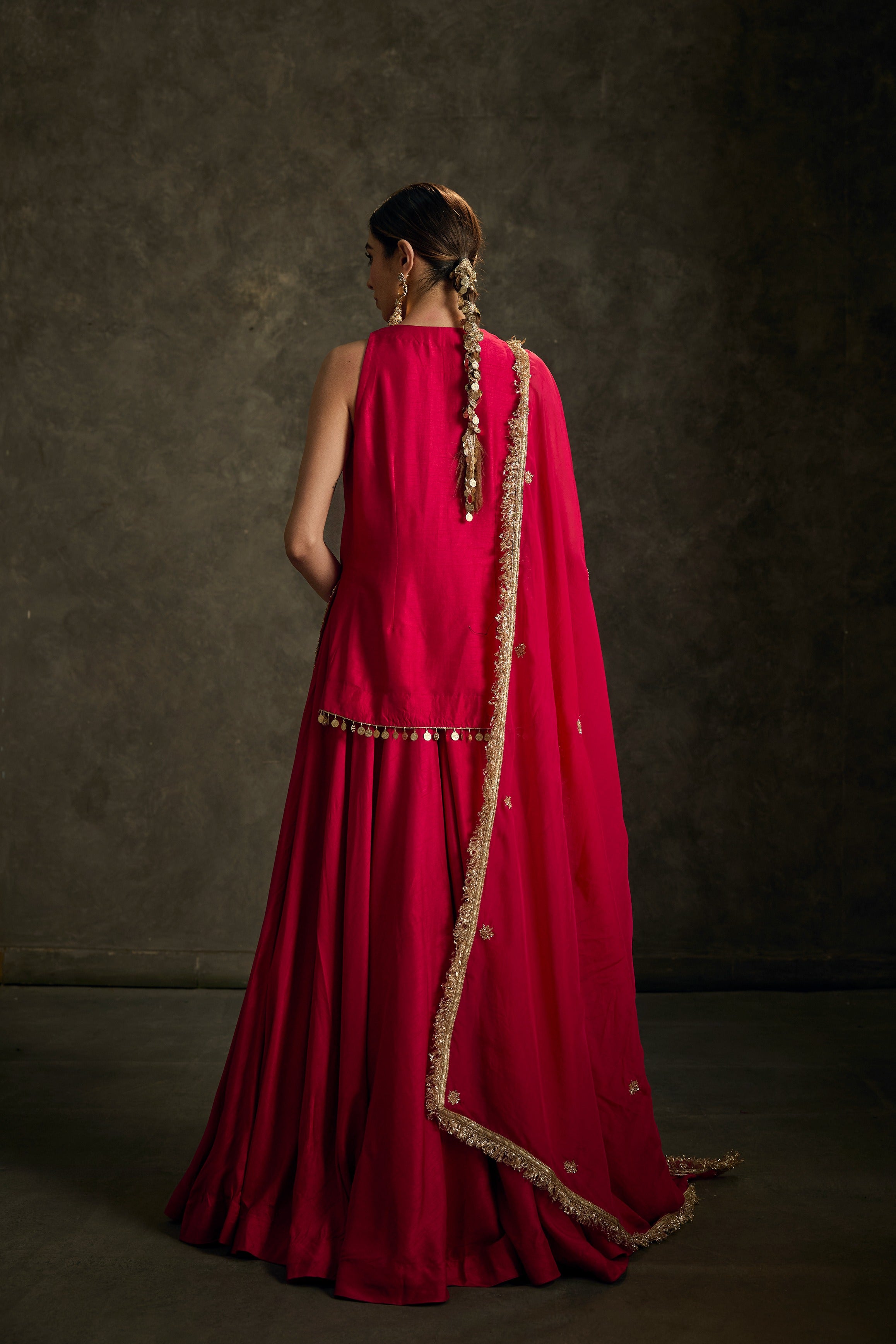 Rounika -Hot Pink Hand Embroidered Kurta Lehenga Dupatta Set