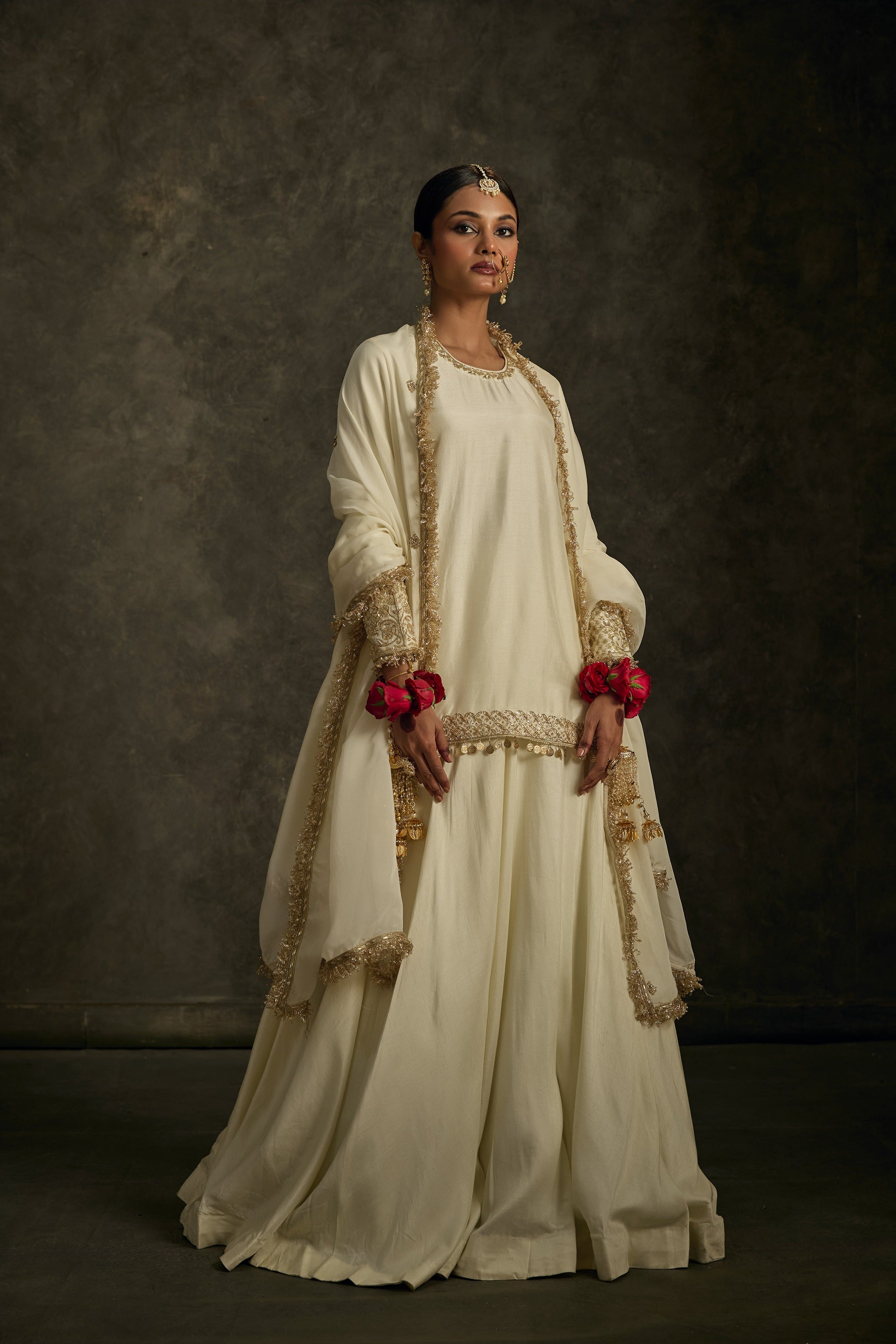 Noorani-Ivory Hand Embroidered Kurta Lehenga Dupatta Set