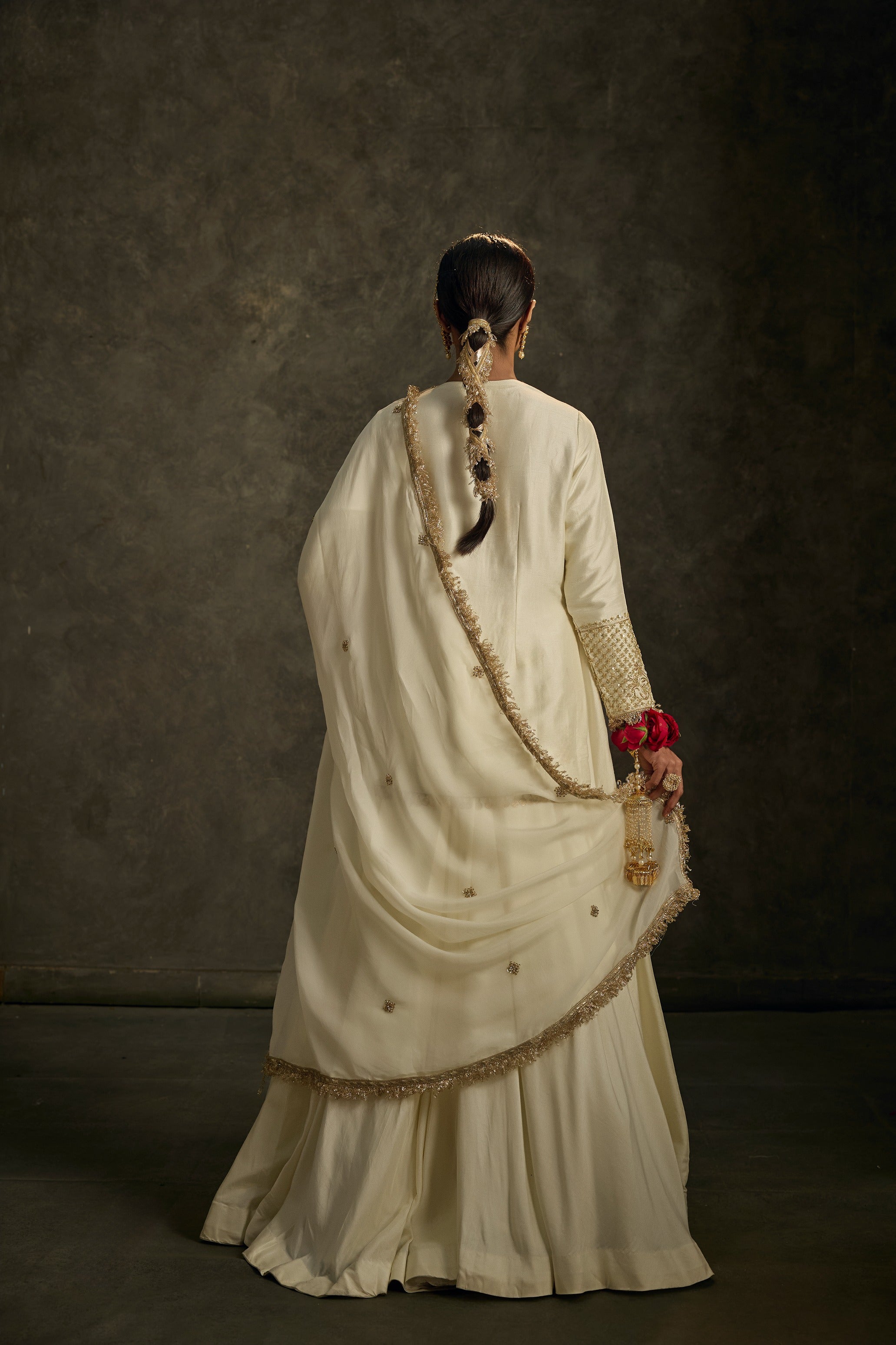 Noorani-Ivory Hand Embroidered Kurta Lehenga Dupatta Set