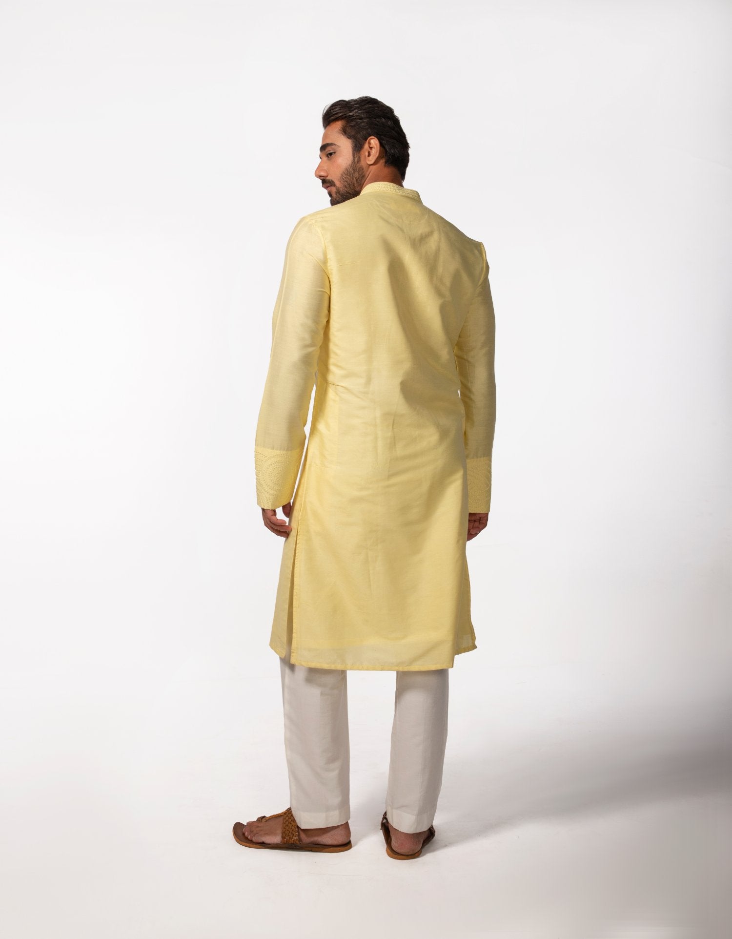Yellow Sleeve Emb Kurta Set With Emb Bundi
