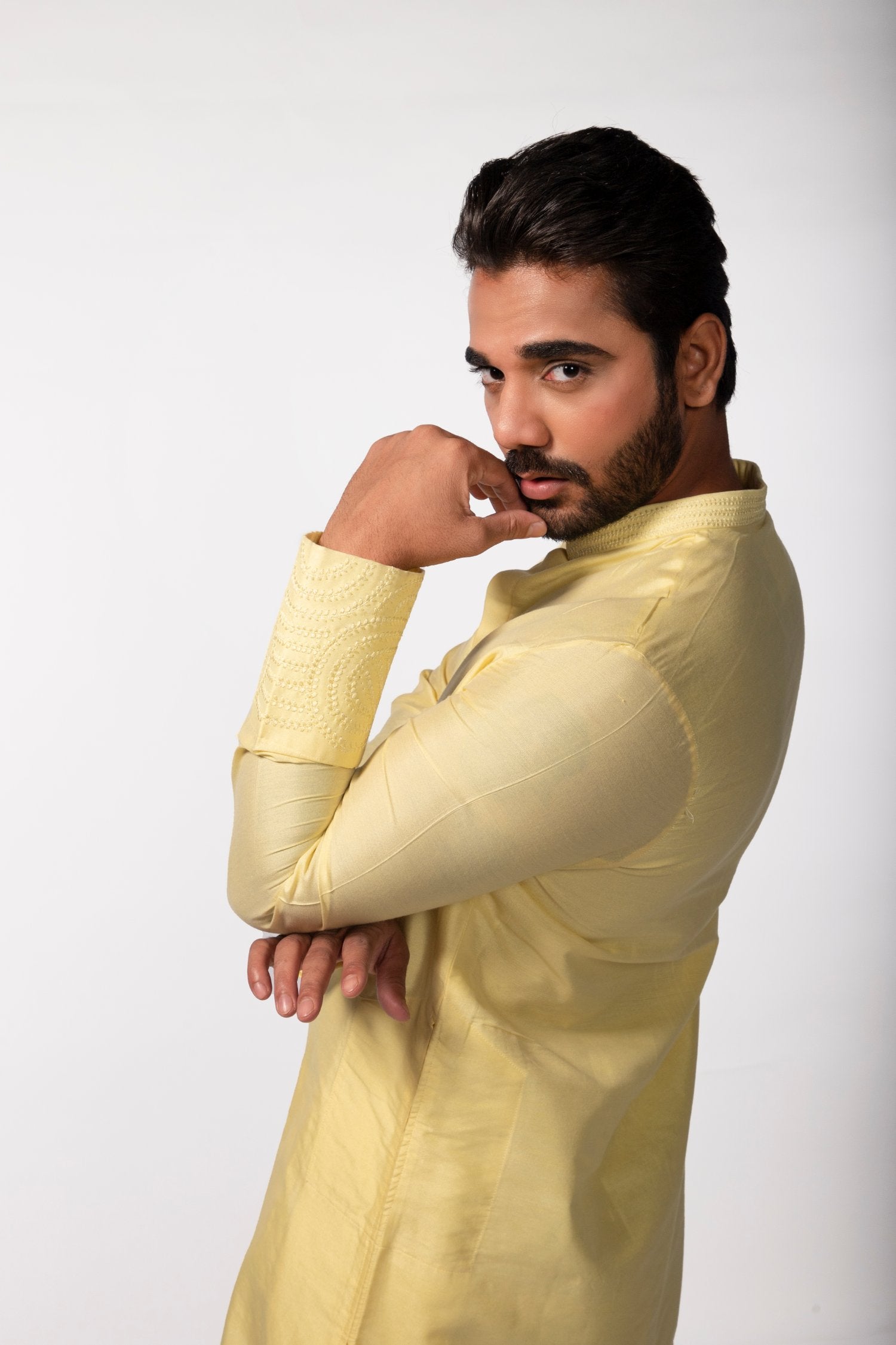 Yellow Sleeve Emb Kurta Set