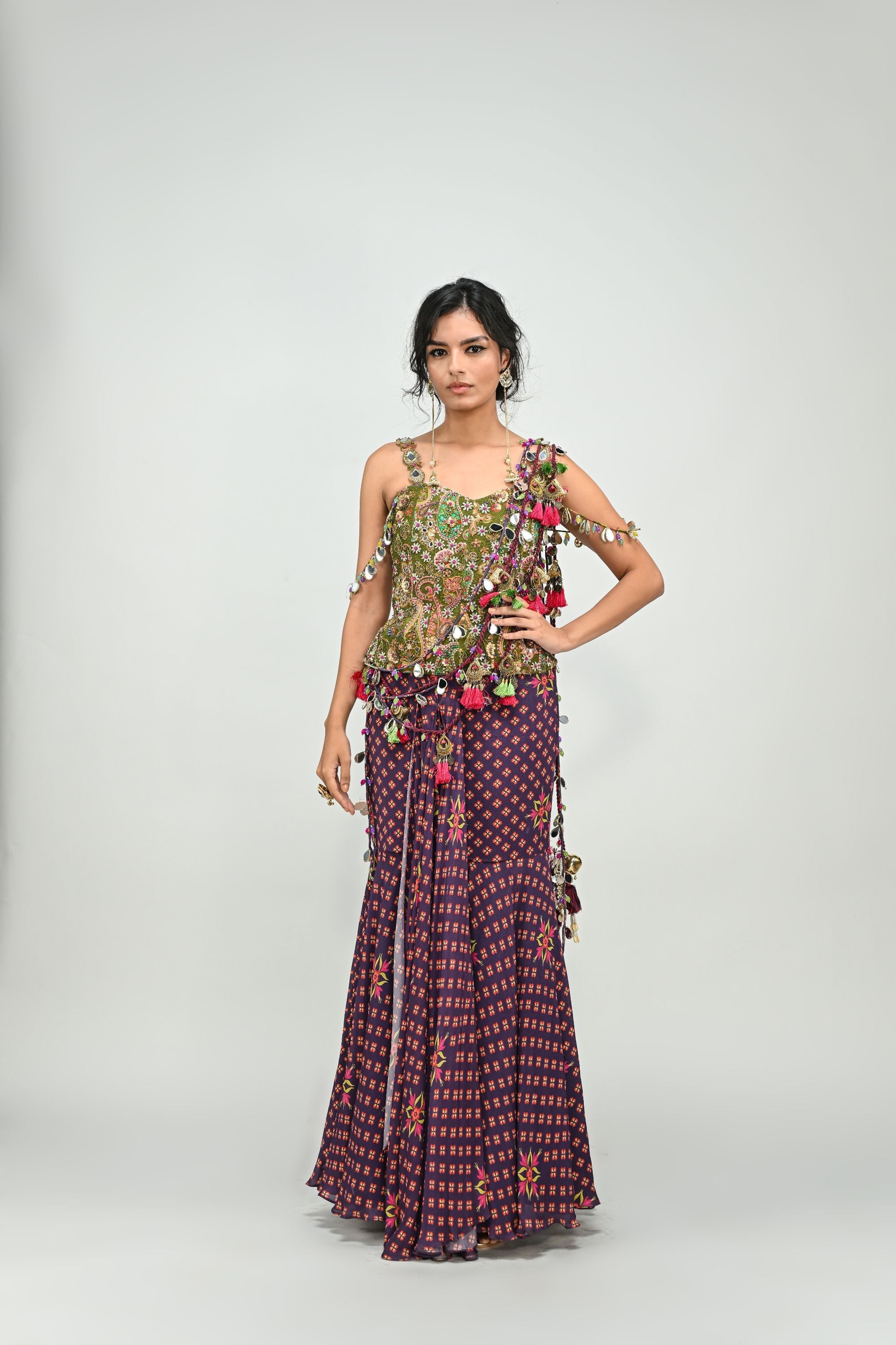Plum Prestiched Tassel Saree with Corset