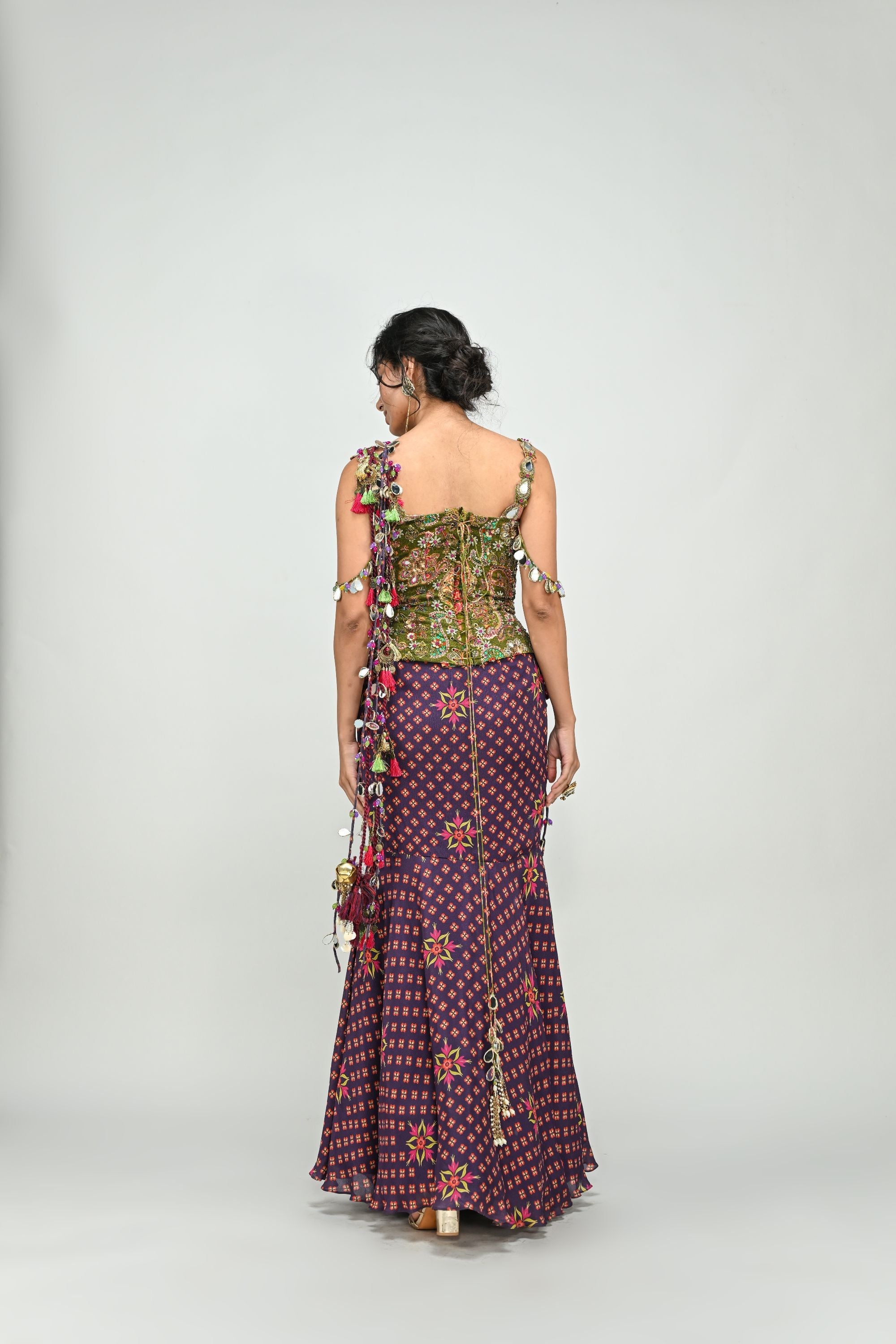 Plum Prestiched Tassel Saree with Corset