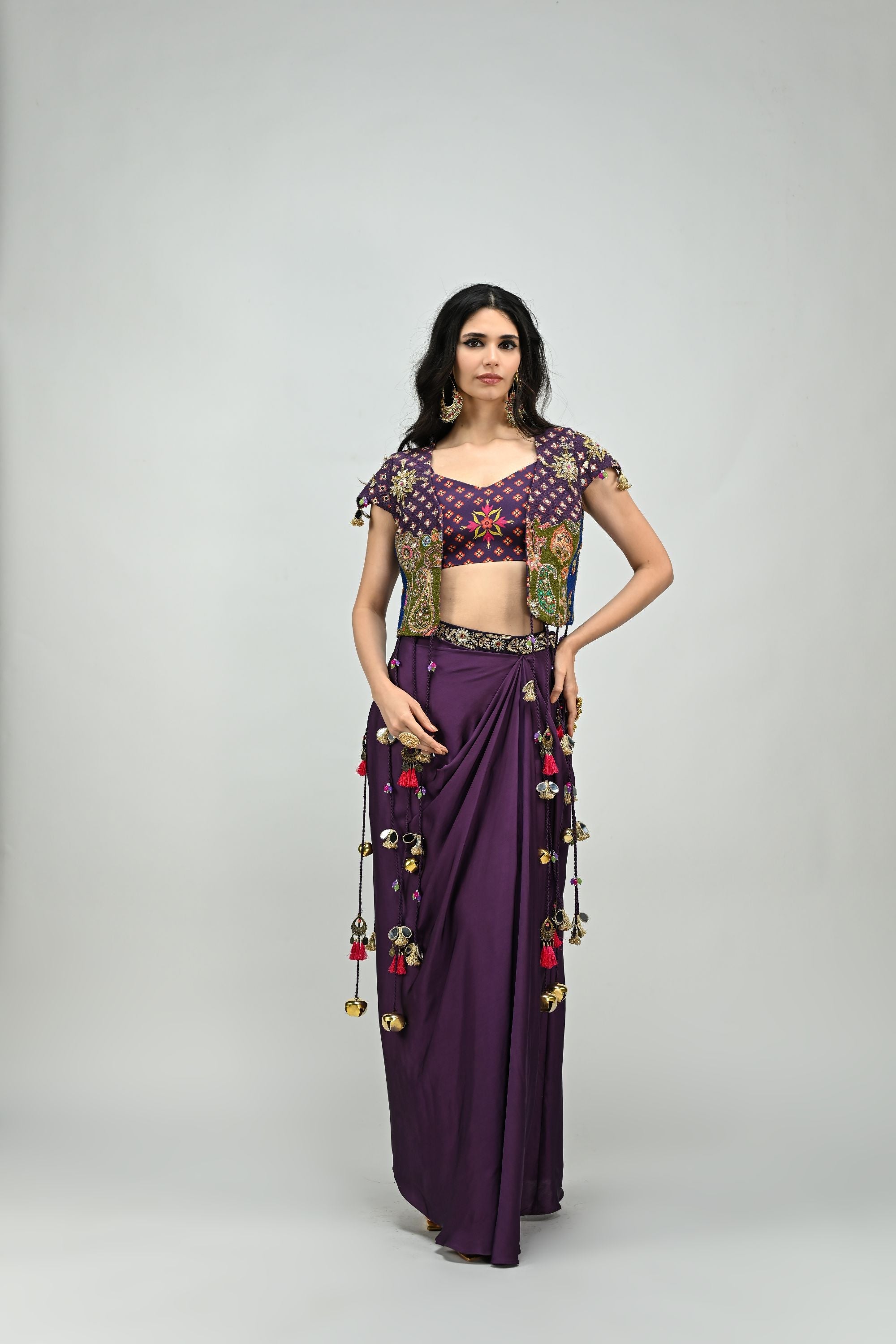 Plum Tassel Jacket Dhoti Skirt Set