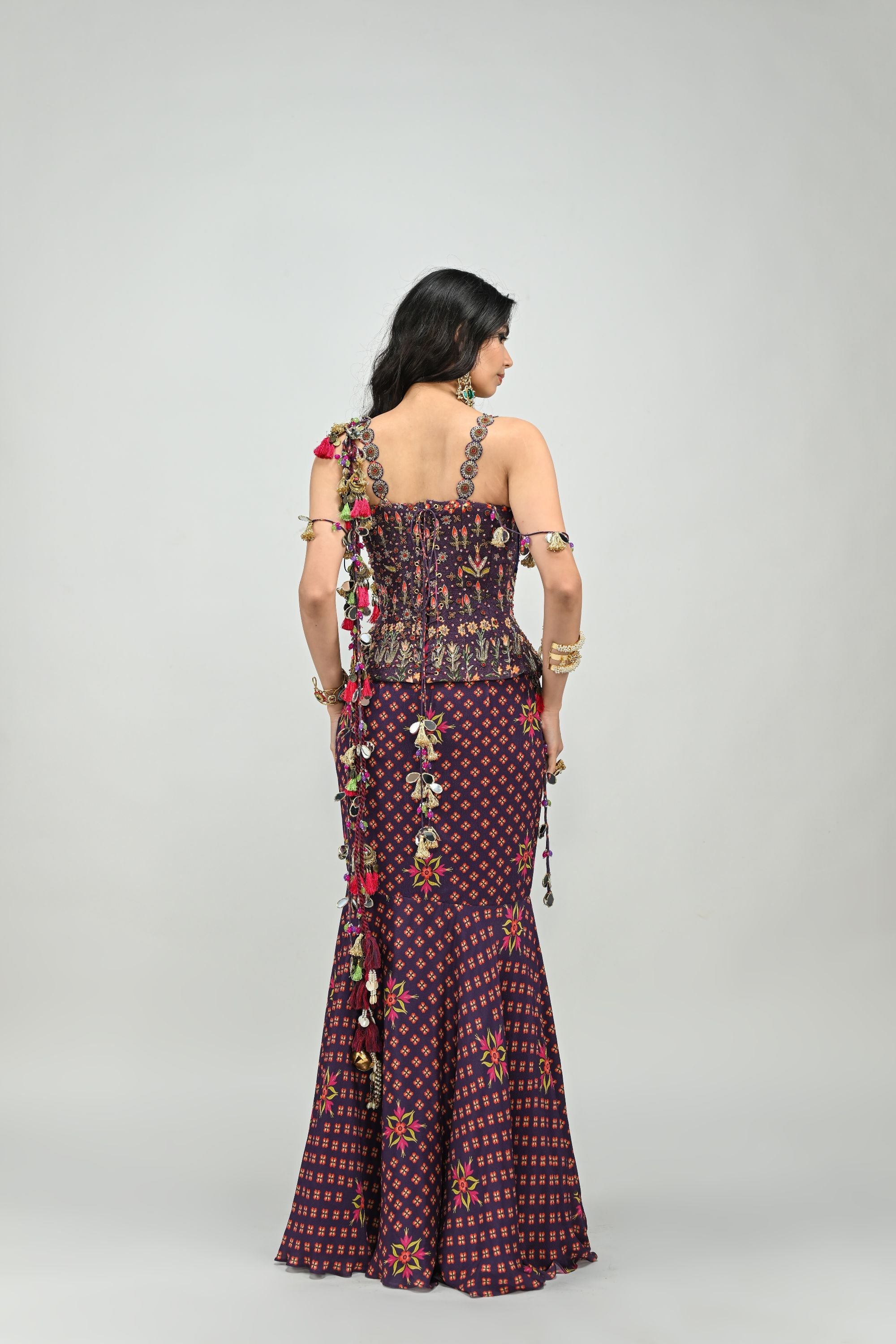 Plum Prestiched Tassel Saree with Corset