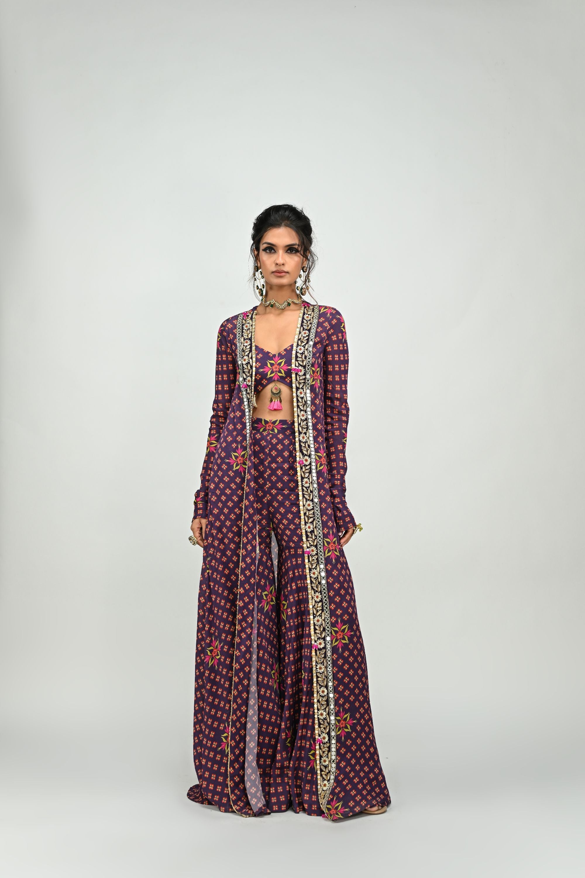Plum Sharara Bralette Jacket Set