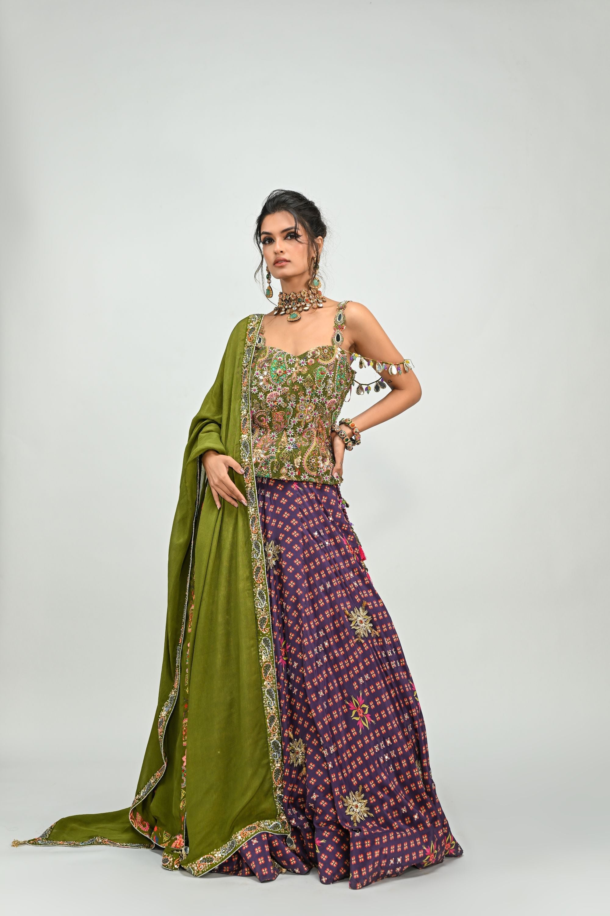 Plum Lehenga with Badla Corset & Dupatta