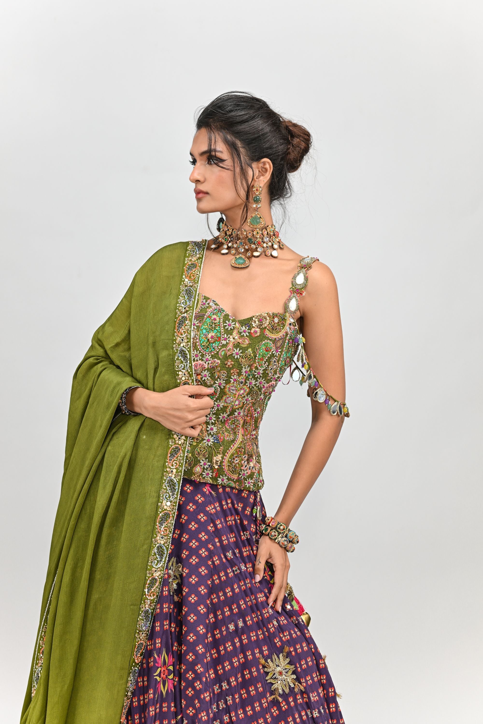 Plum Lehenga with Badla Corset & Dupatta