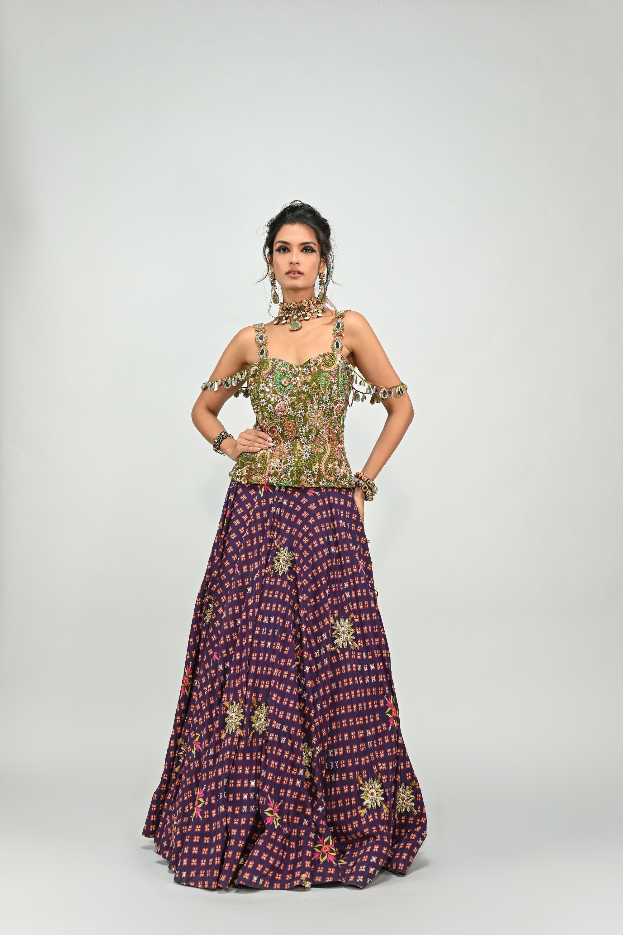 Plum Lehenga with Badla Corset