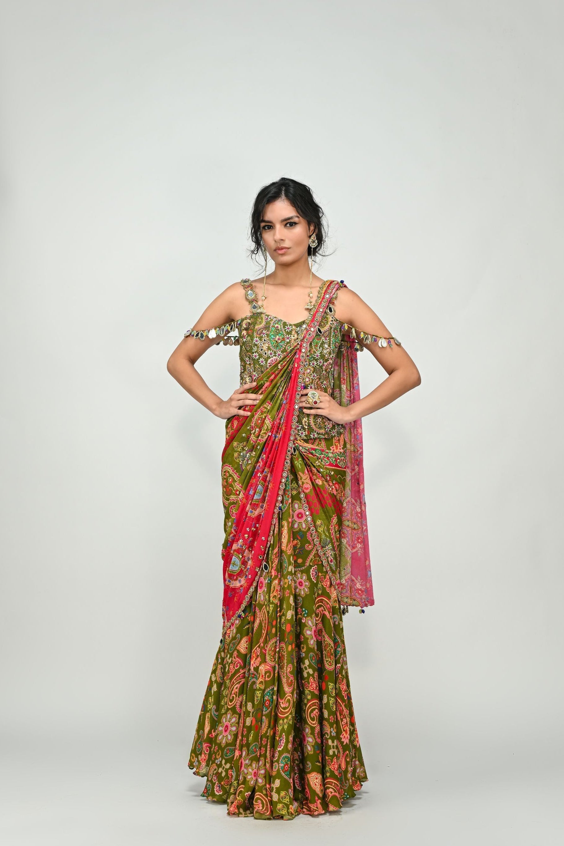 Olive Dual Prestiched Saree with Badla Corset