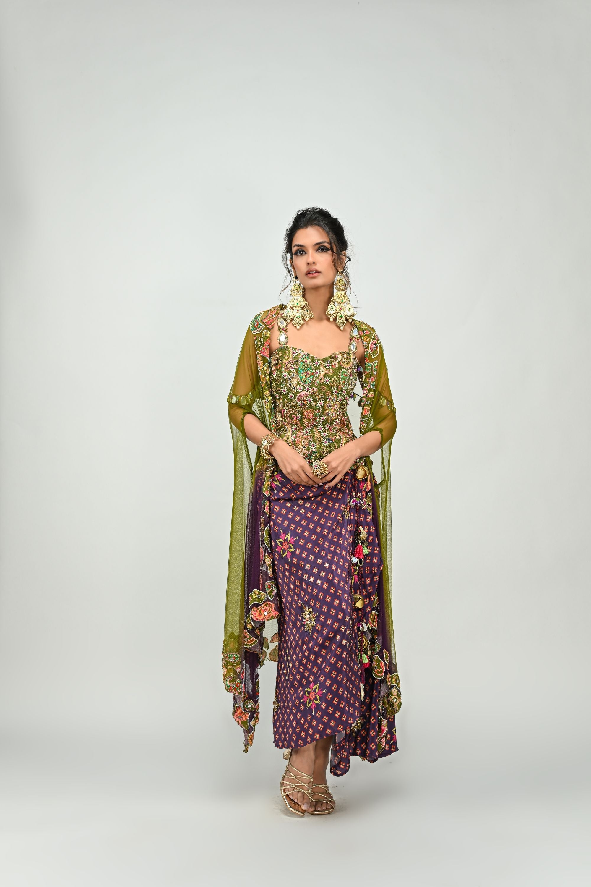 Olive Badla Corset with Plum Dhoti & Cape