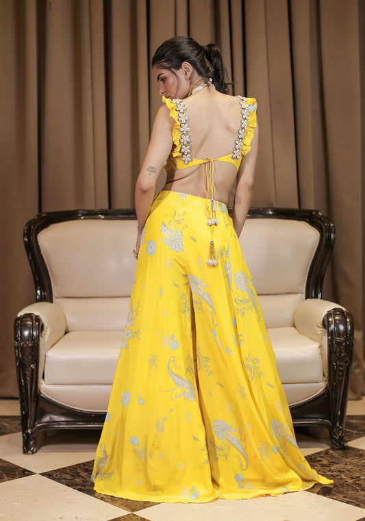 Embroidered Yellow Printed Blouse and Pant Set