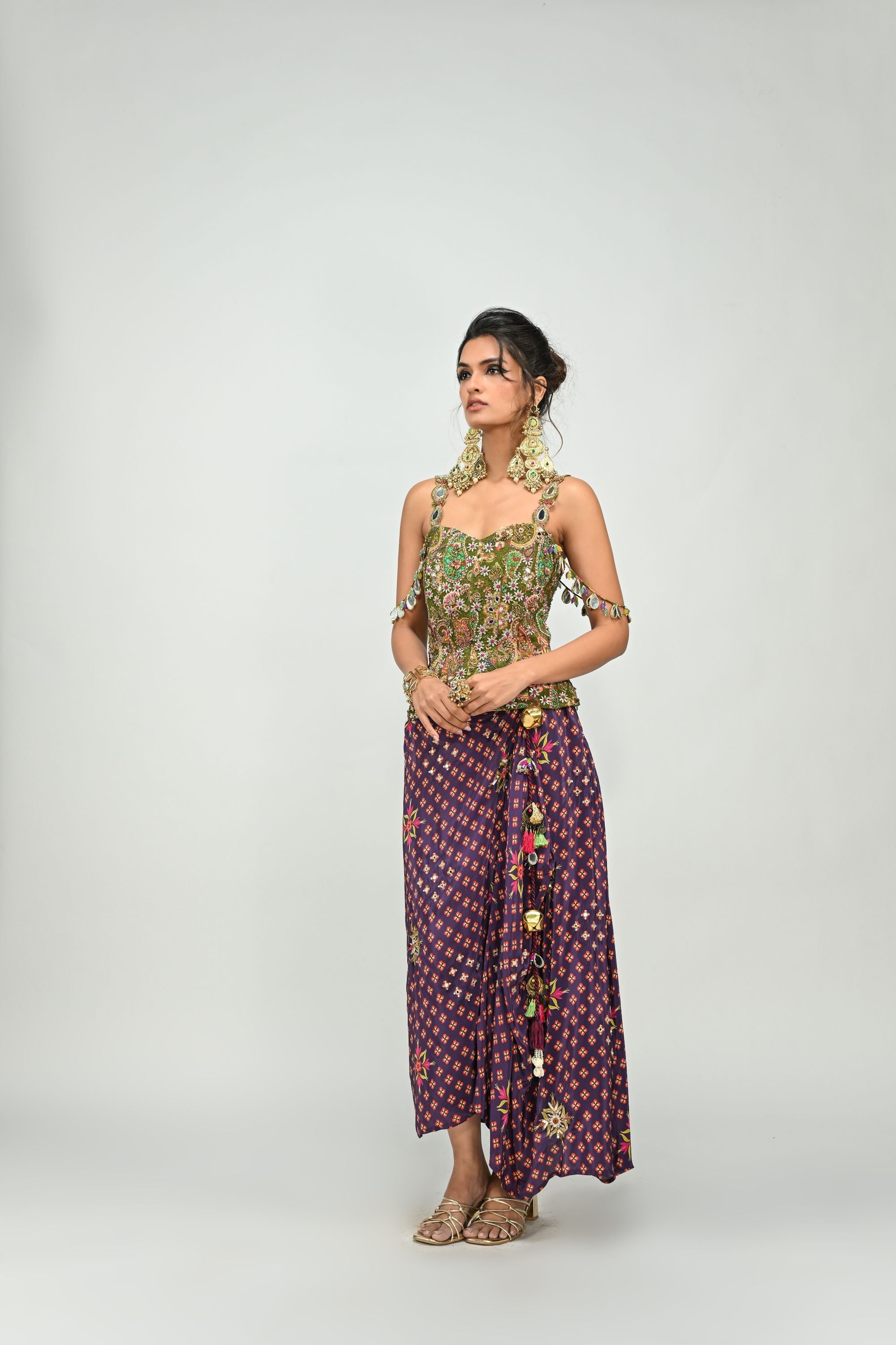 Olive Badla Corset with Plum Dhoti Set