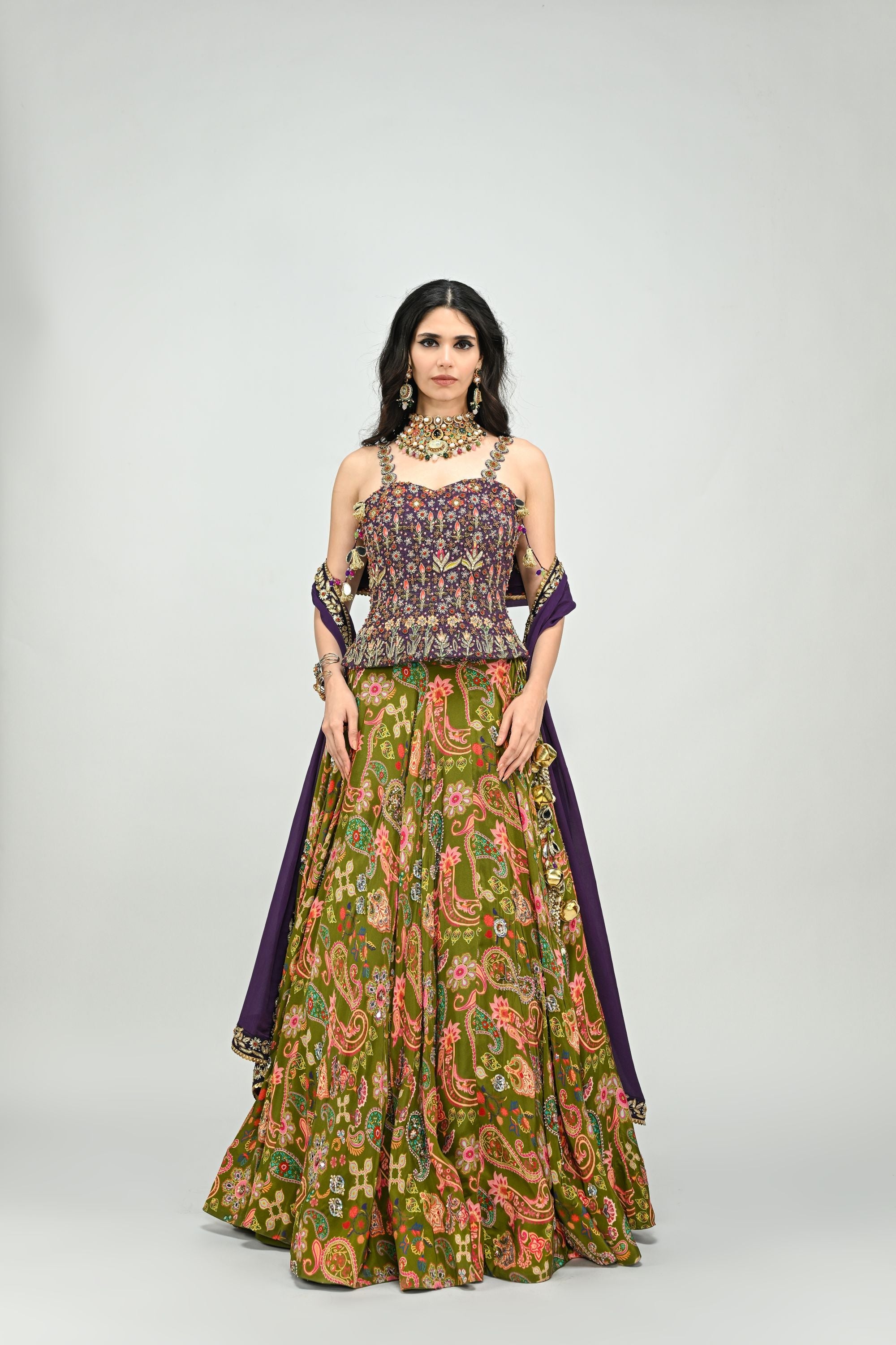 Olive Lehenga with Plum Badla Corset & Dupatta