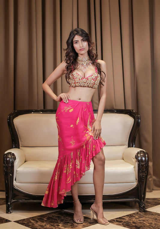 Pink Cowrie Embroidered Bralette Skirt Set