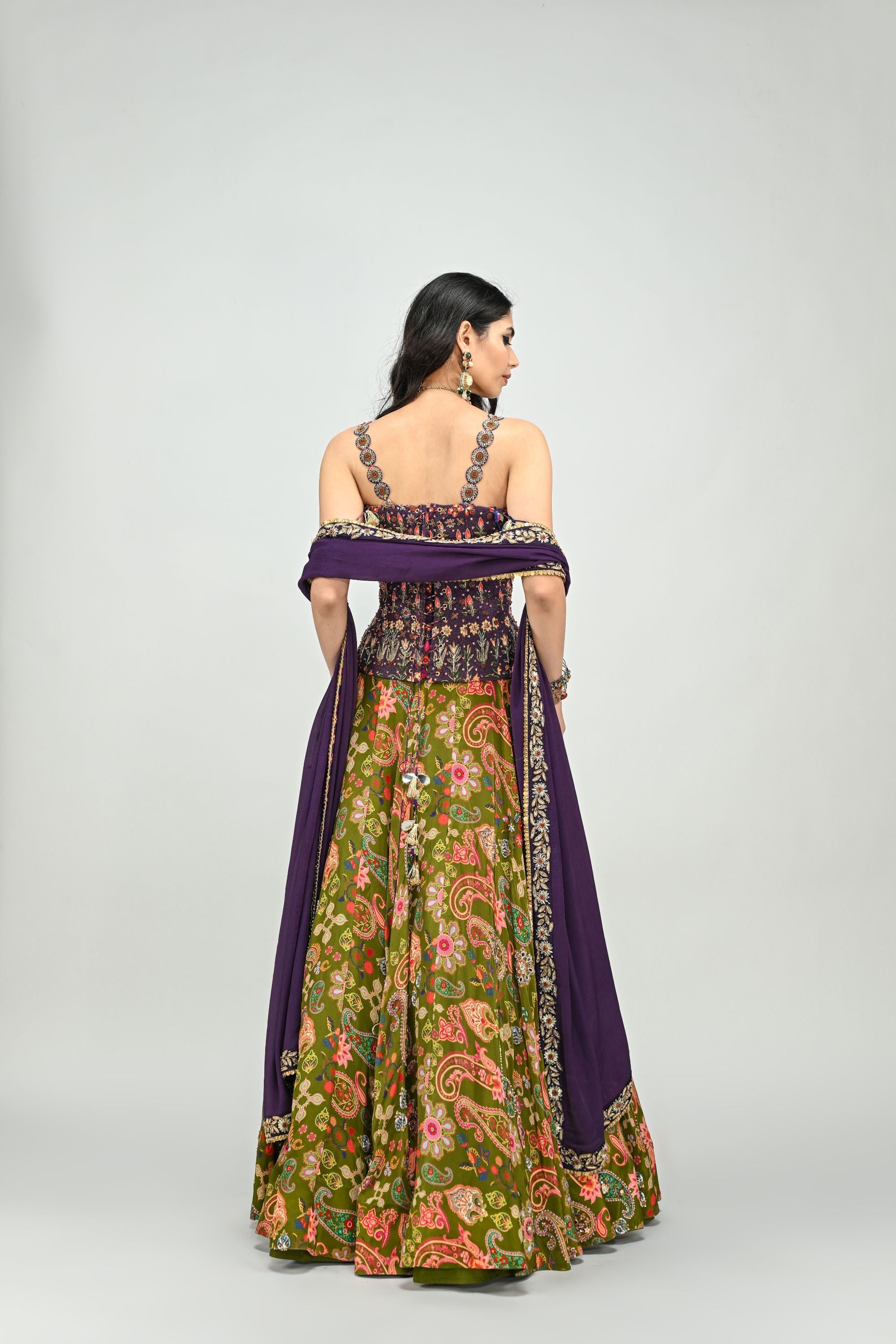 Olive Lehenga with Plum Badla Corset & Dupatta