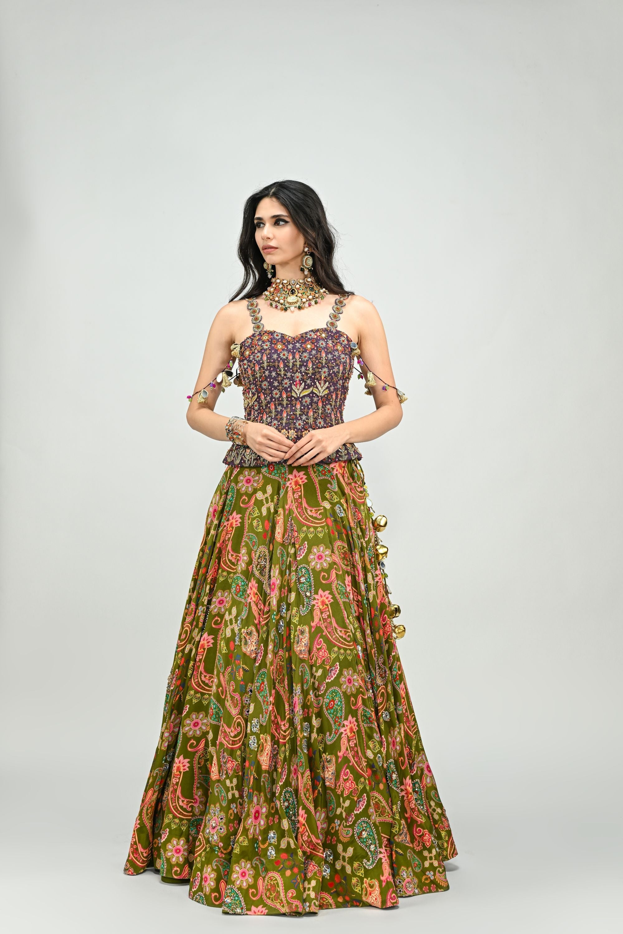 Olive Lehenga with Plum Badla Corset