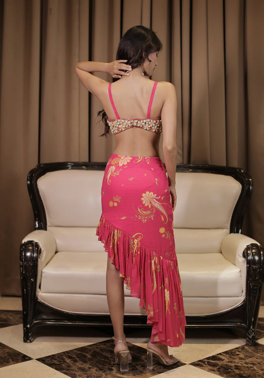 Pink Cowrie Embroidered Bralette Skirt Set