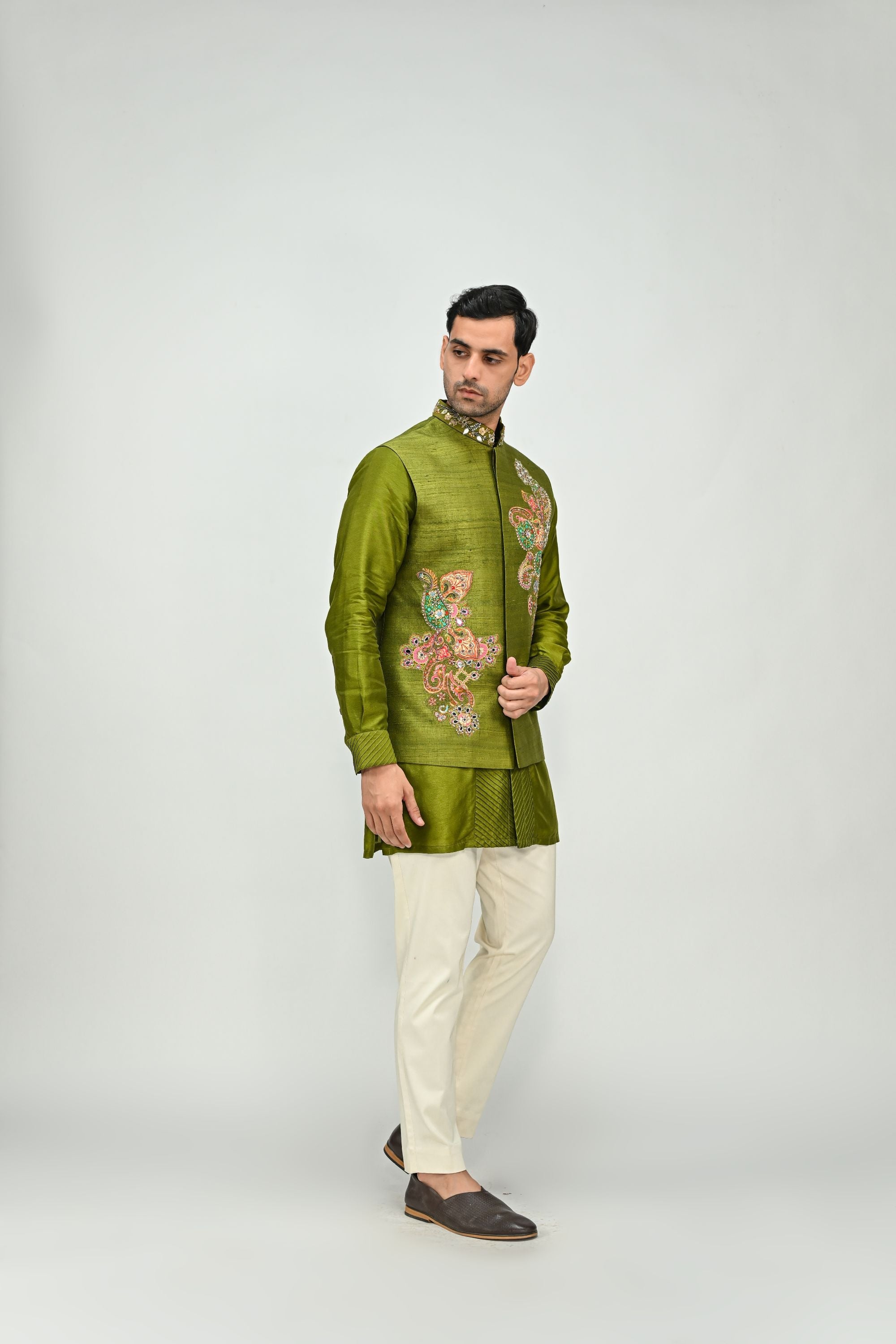 Olive Patch Bundi Kurta Pant Set