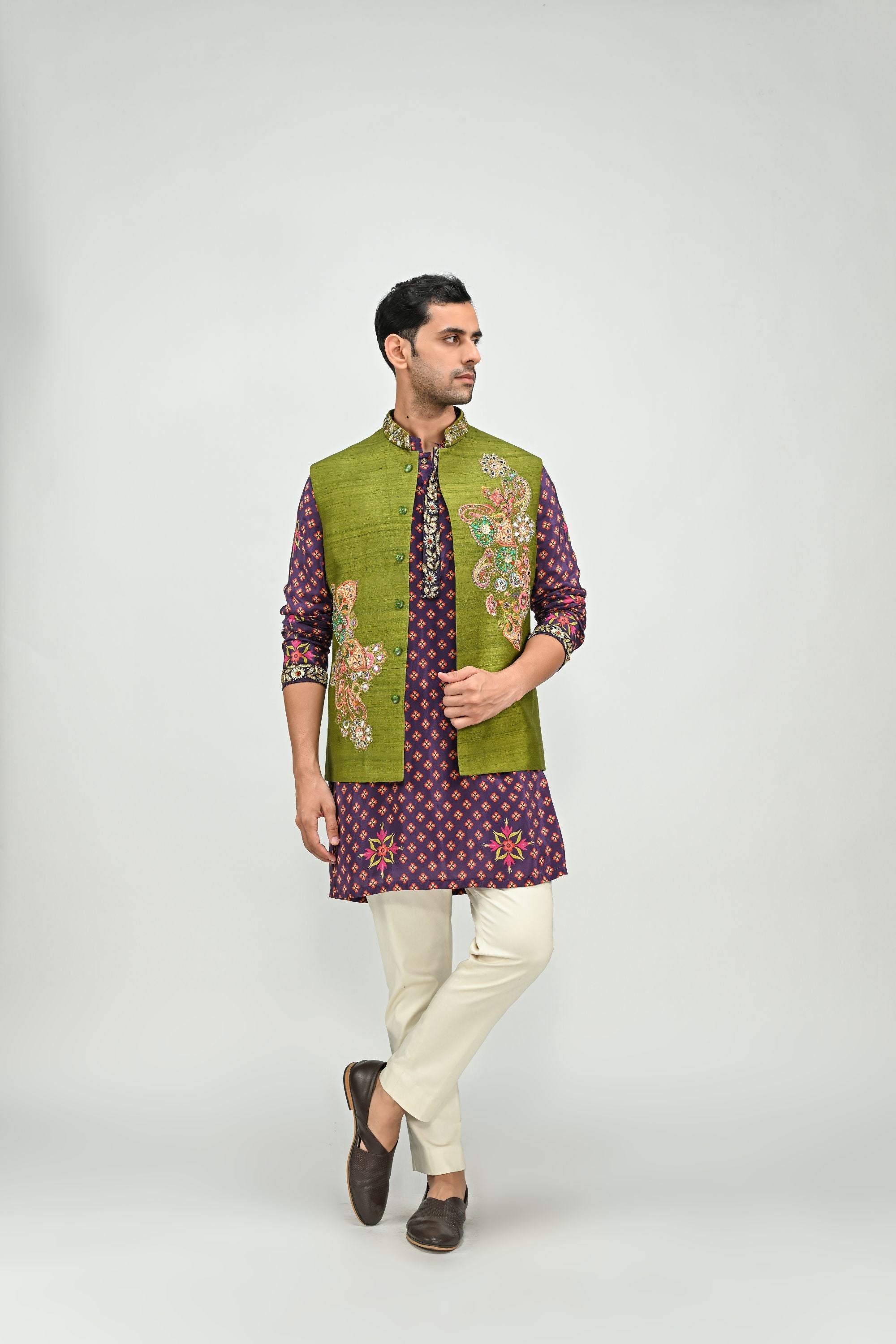 Plum Kurta with Olive Bundi Pant Set