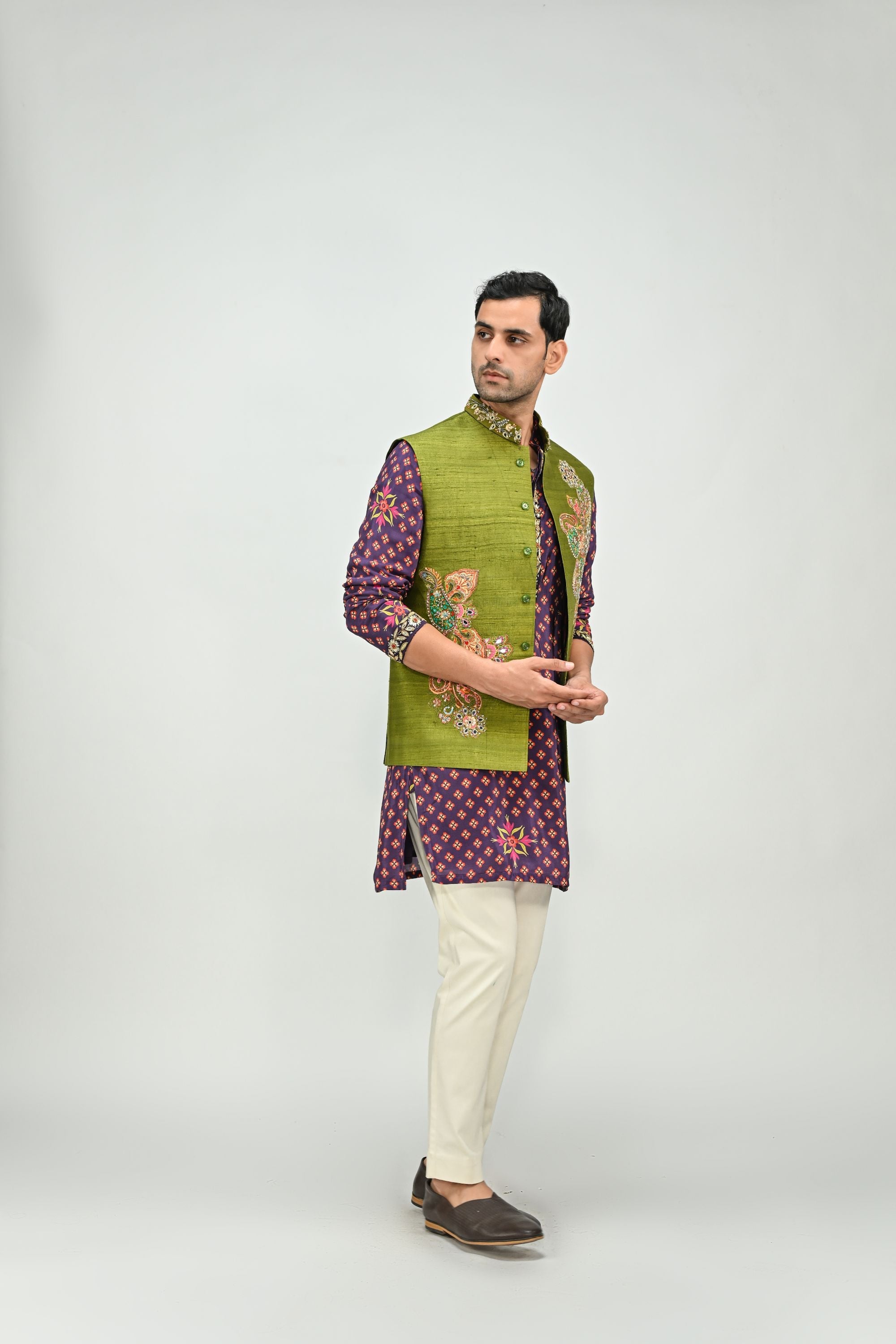 Plum Kurta with Olive Bundi Pant Set