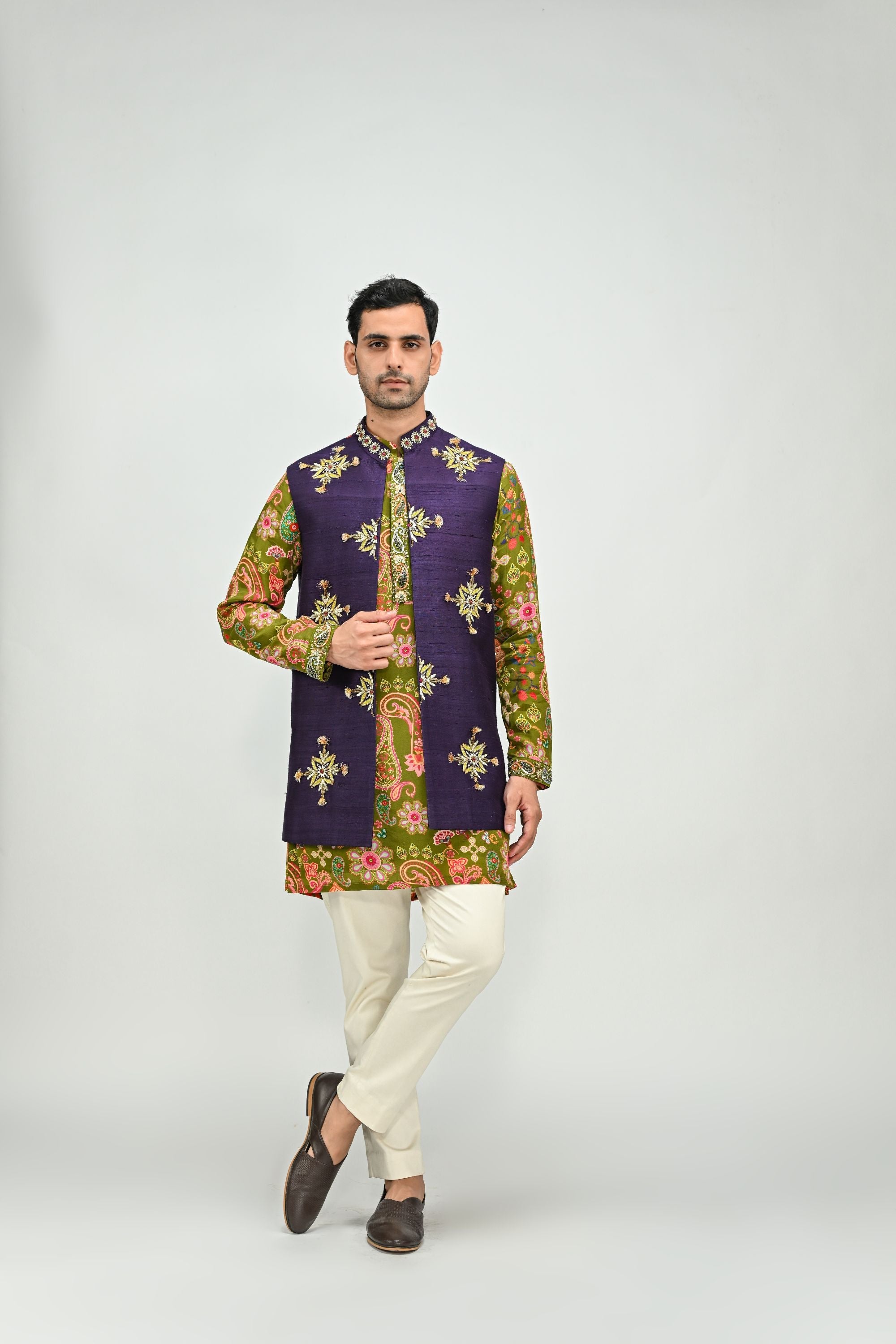 Olive Kurta with Embroidered Jacket Pant Set