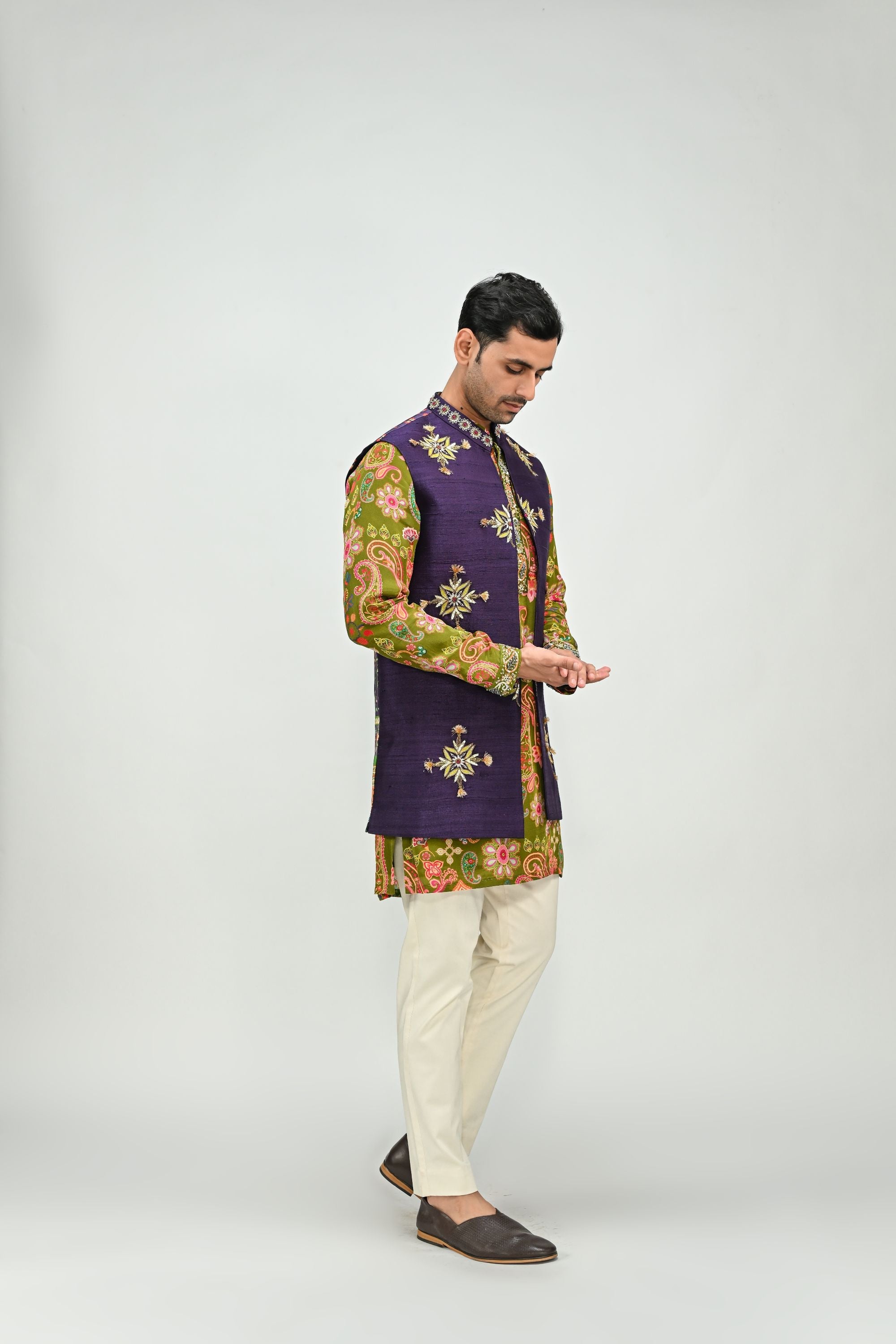 Olive Kurta with Embroidered Jacket Pant Set