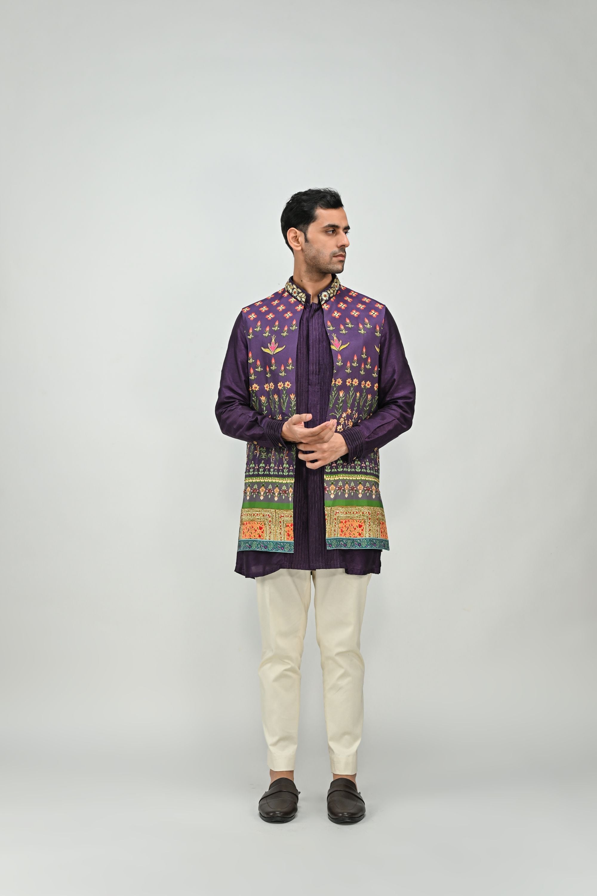 Plum Printed Half Jacket Set