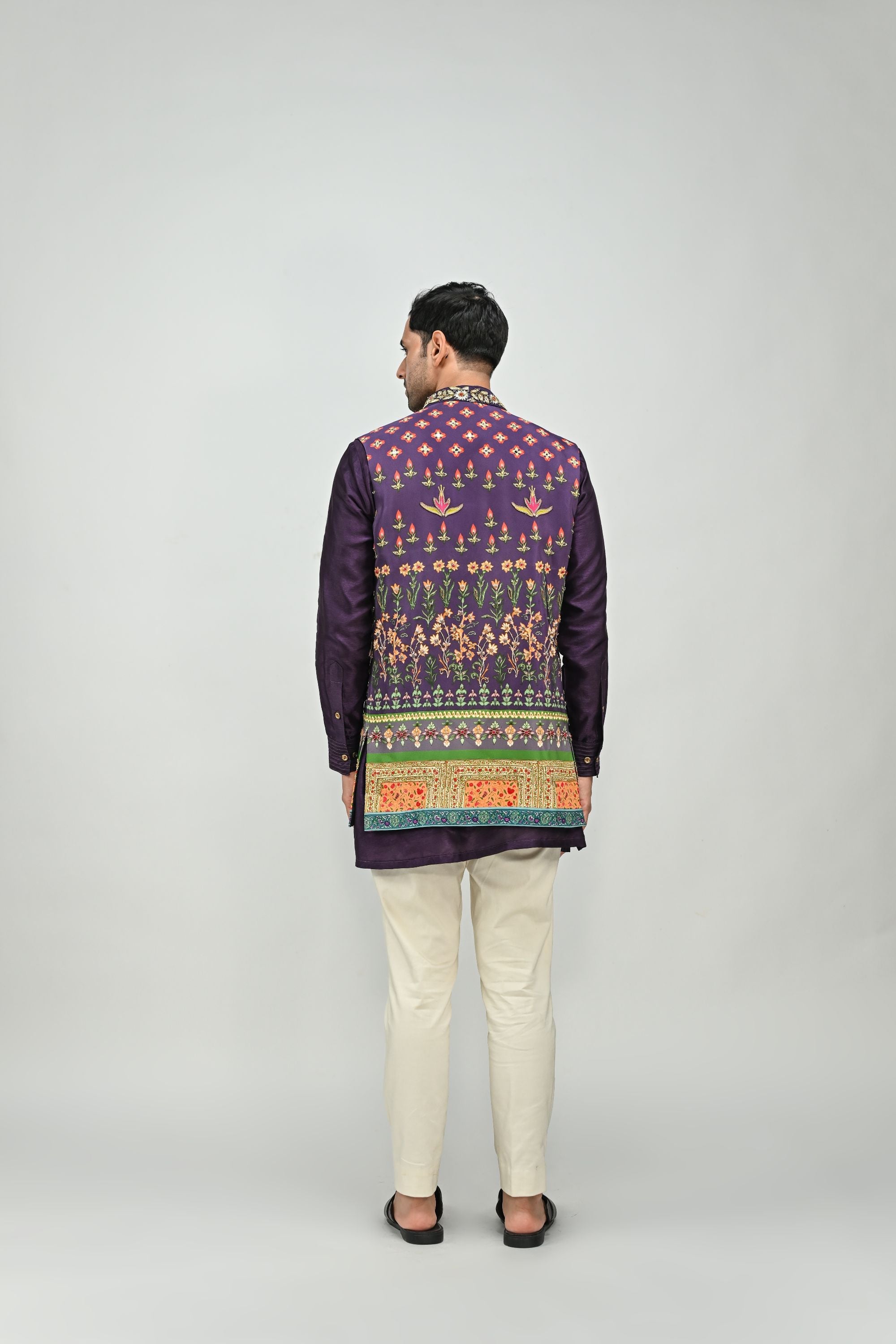 Plum Printed Half Jacket Set