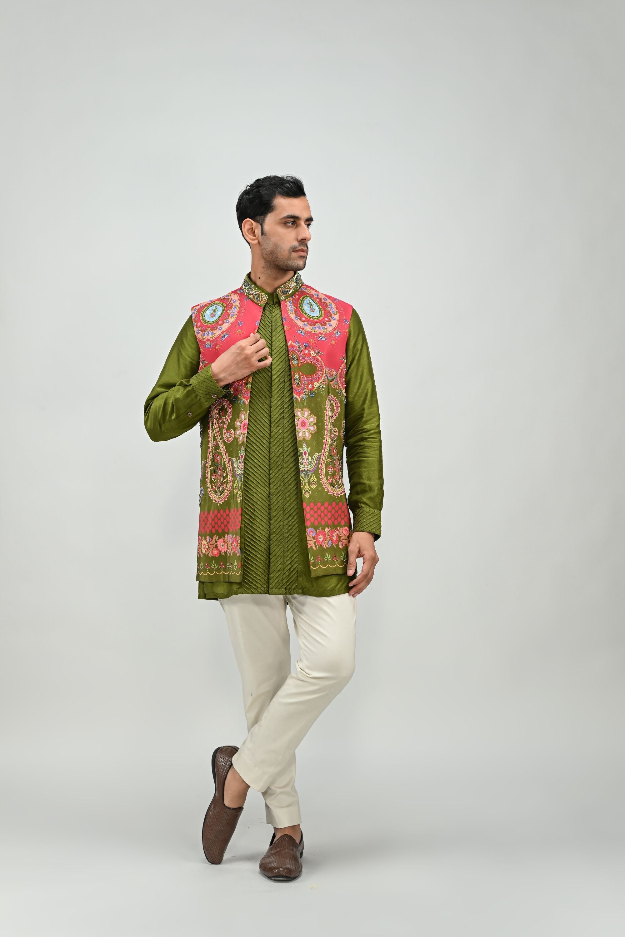 Olive Printed Half Jacket Set