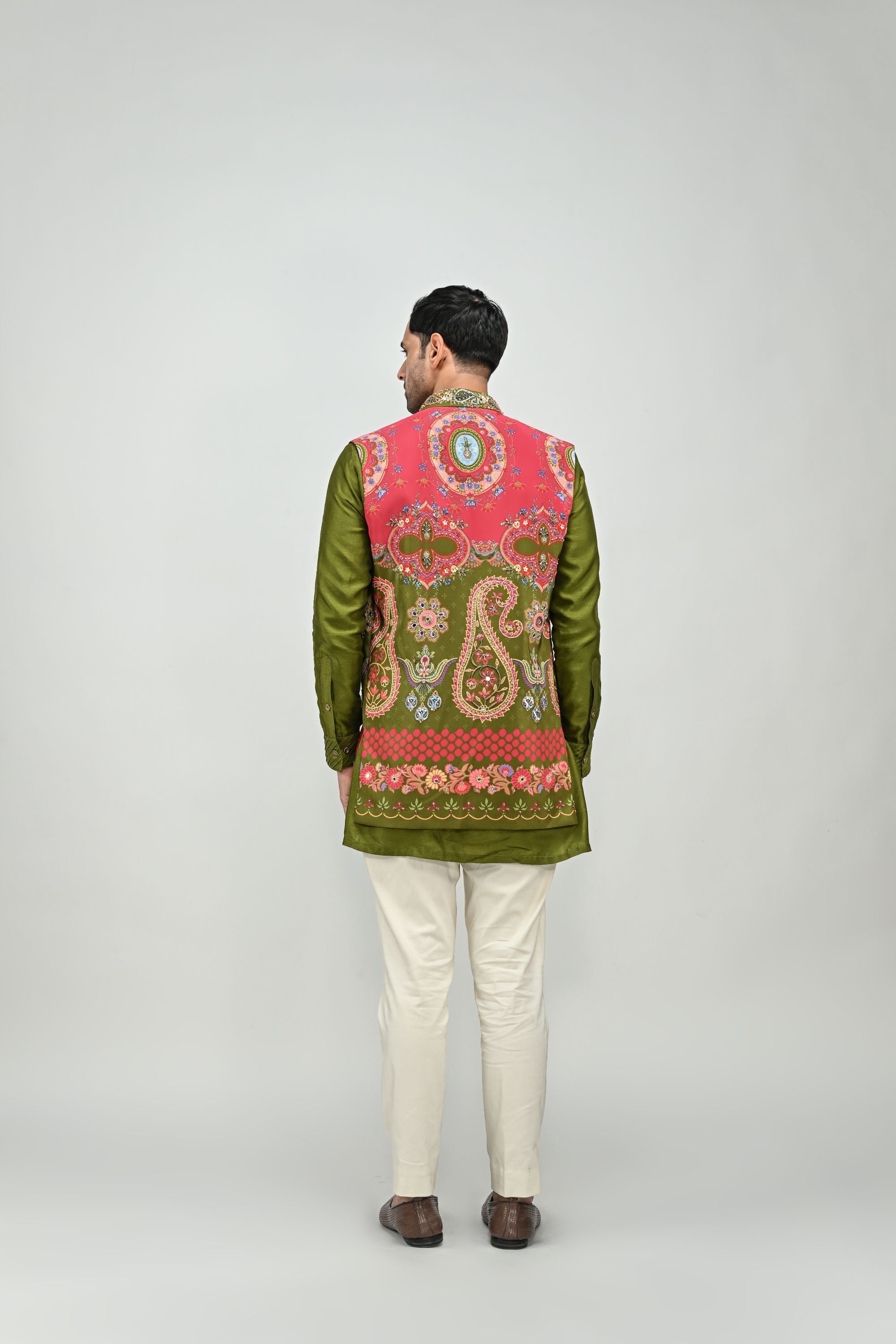 Olive Printed Half Jacket Set