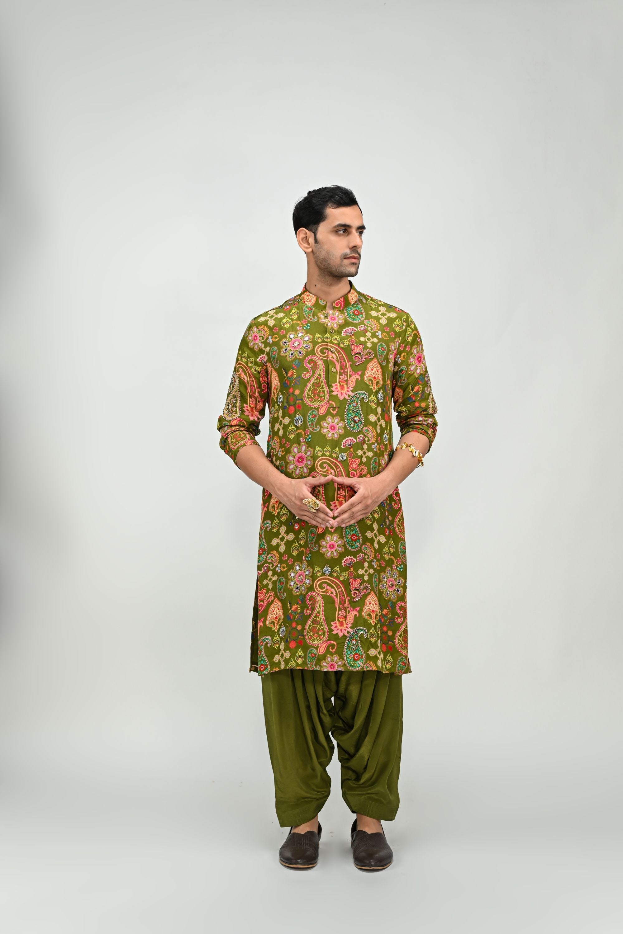 Olive Kurta with Cowl Pants