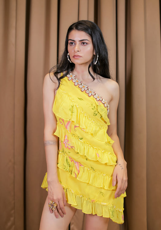 Yellow Embroidered One Shoulder Ruffle Dress
