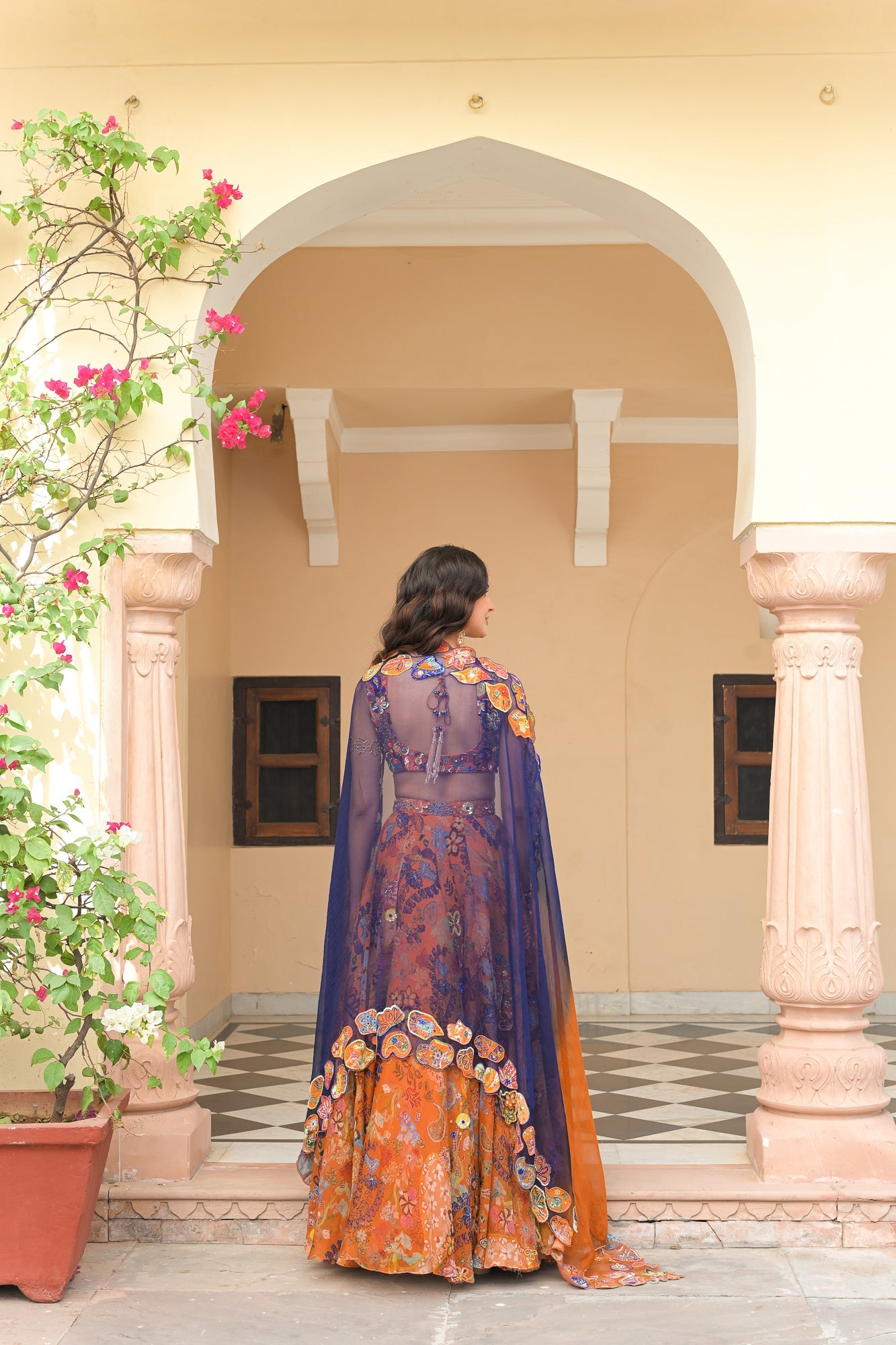 AMBER BLOOM HIGHLIGHTED LEHENGA PAIRED WITH EMBROIDERED BLOUSE AND SHADED APPLIQUE ORGANZA DUPATTA