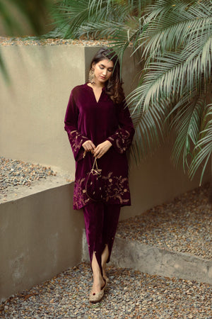 Wine Velvet Suit with Tulip Pants- Inching India