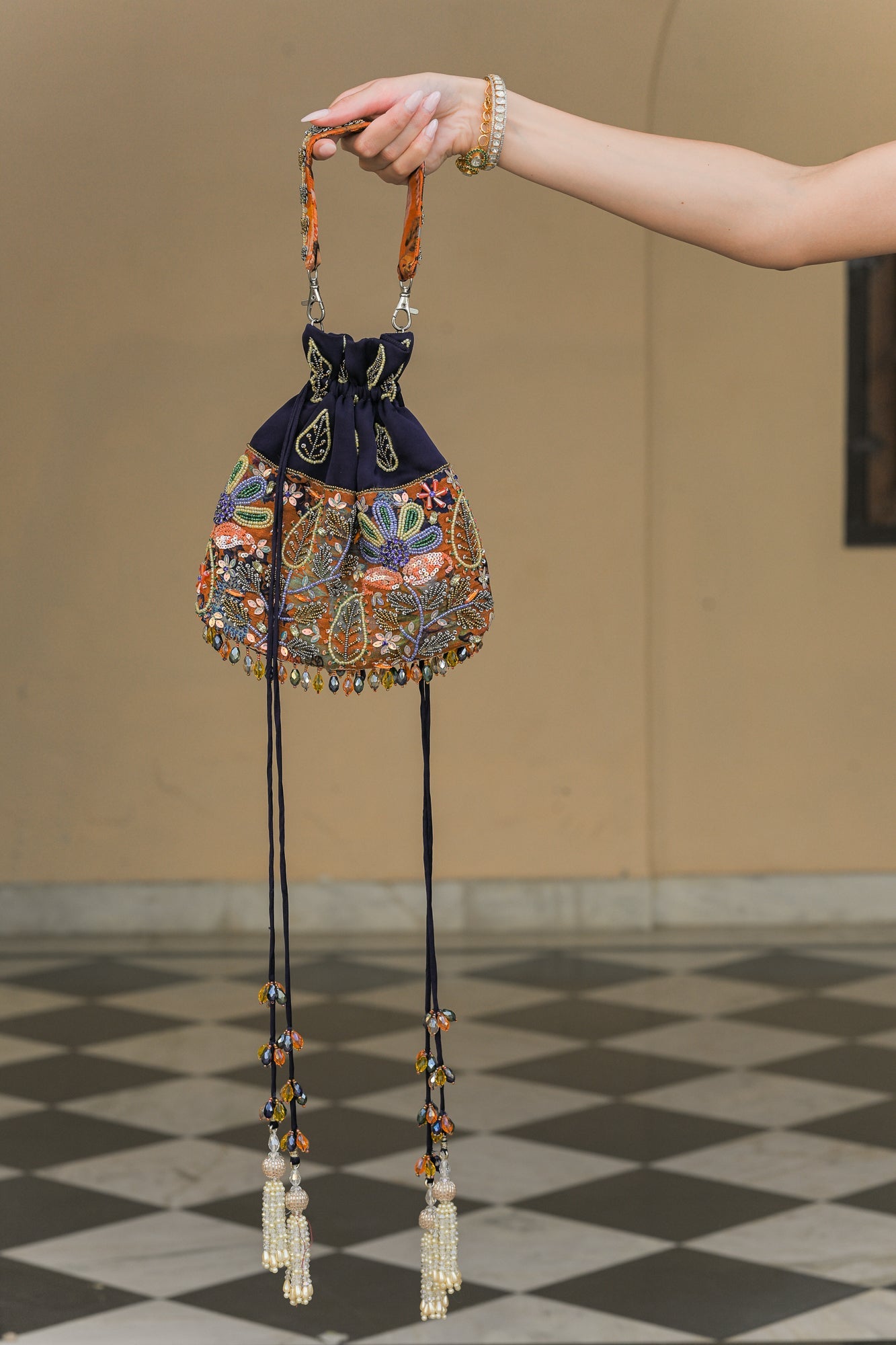 AMBER BLOOM EMBROIDERED MIRROR DUAL POTLI