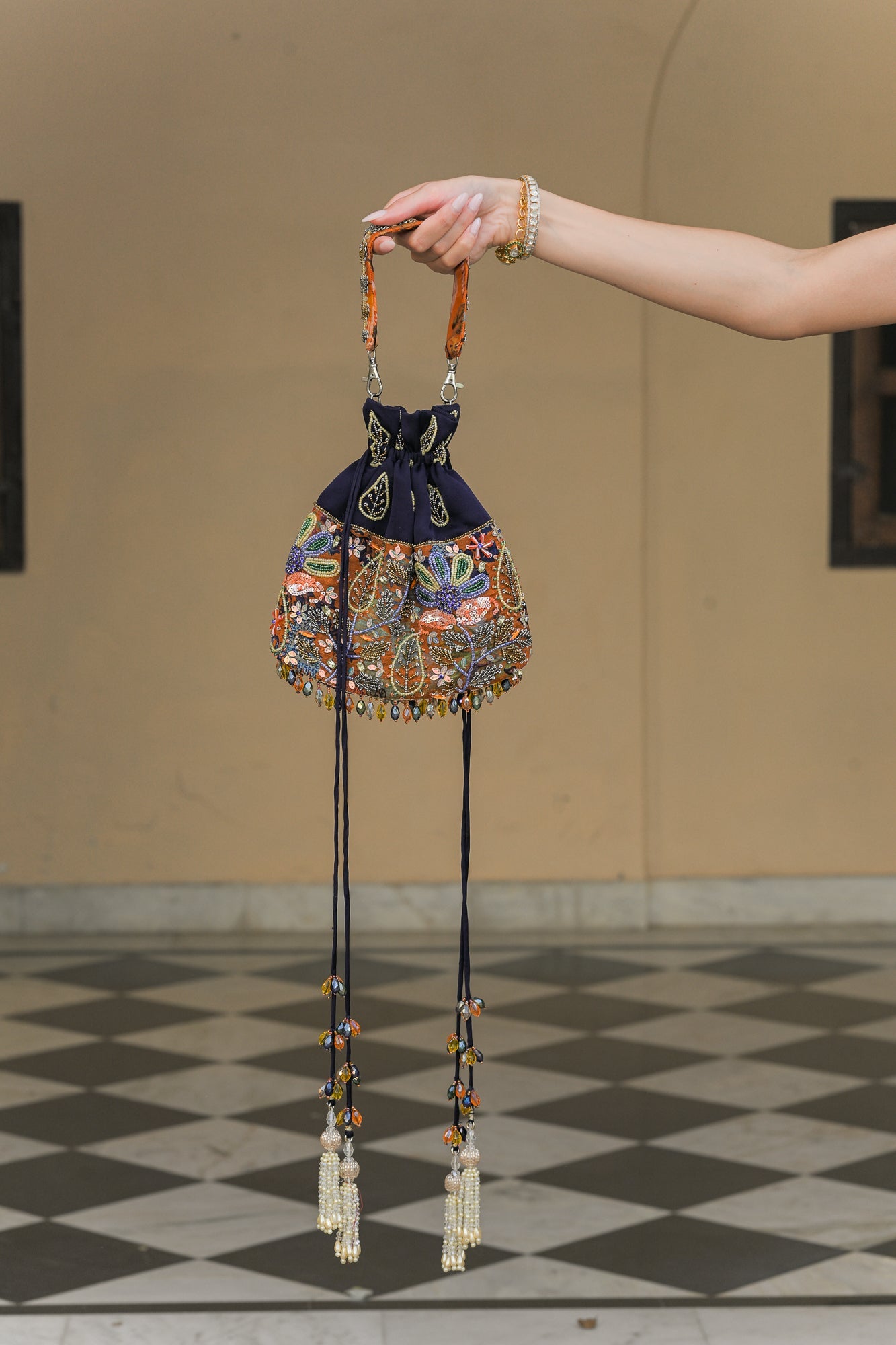 AMBER BLOOM EMBROIDERED MIRROR DUAL POTLI