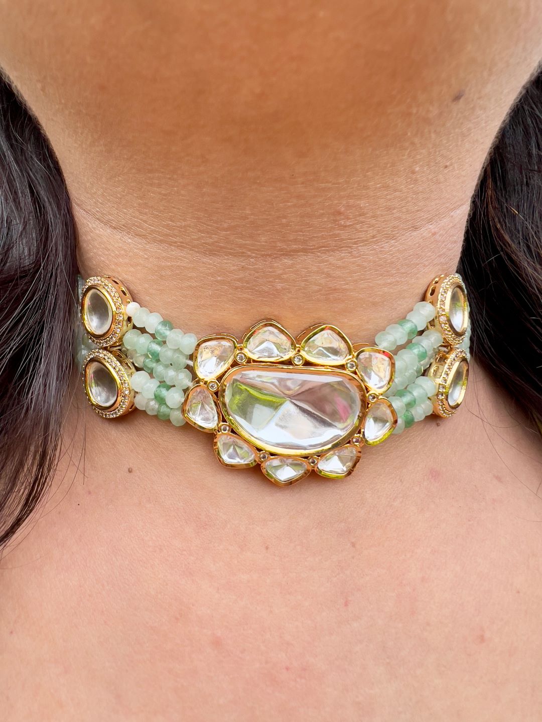 Le Tomas Sea Green Beads & White Khundan Necklace Set