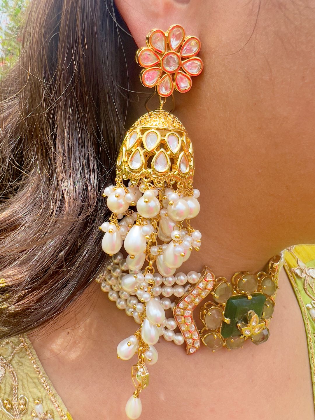 Le Ramona White Pearl & Kundan Earrings