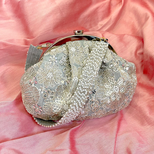 Elixir Floral Silver Soft Clutch With Handle