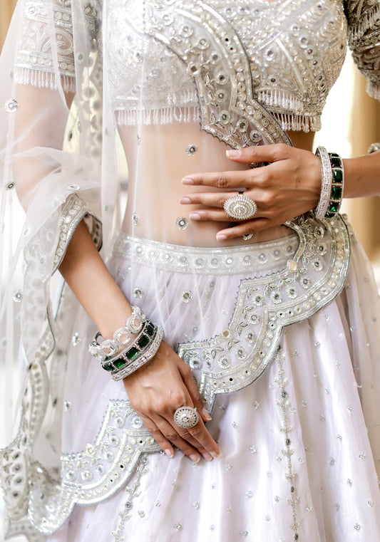 Grey with Silver Mirror Embroidered Organza Lehenga