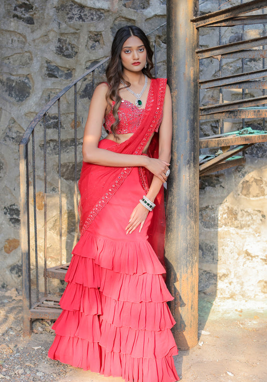 Red Mirror Embroidered Ruffle Saree Set