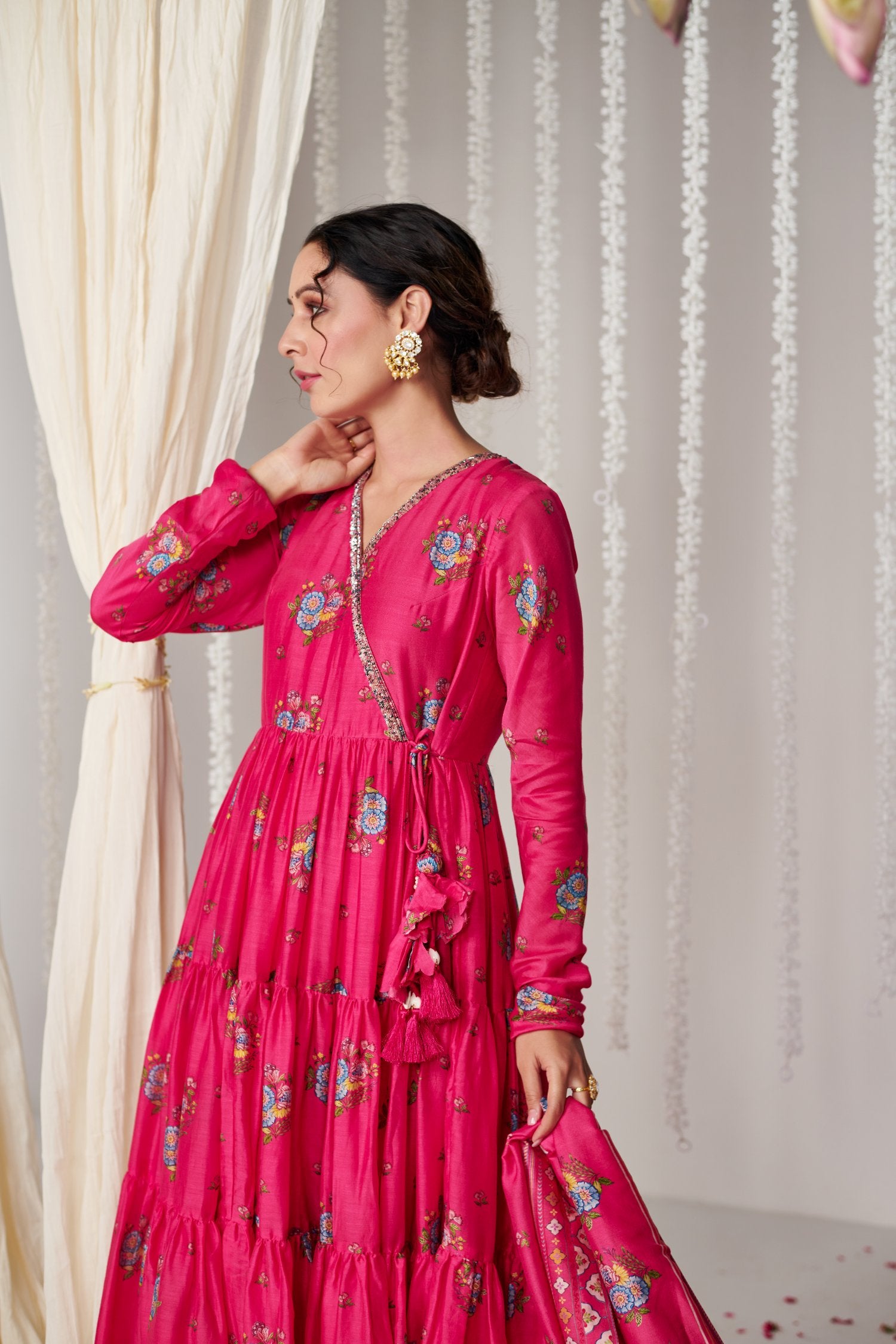 Bagicha Hot pink Angrakha Anarkali set of 3