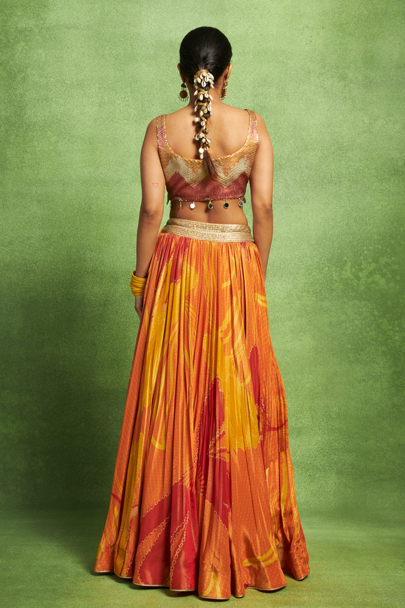 Orange Floral Abstract Printed Lehenga Set