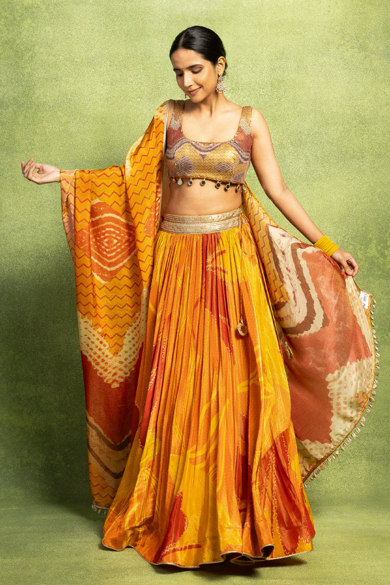 Orange Floral Abstract Printed Lehenga Set