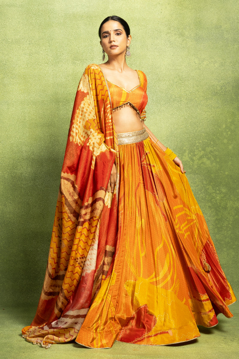 Orange Floral Printed Lehenga Set